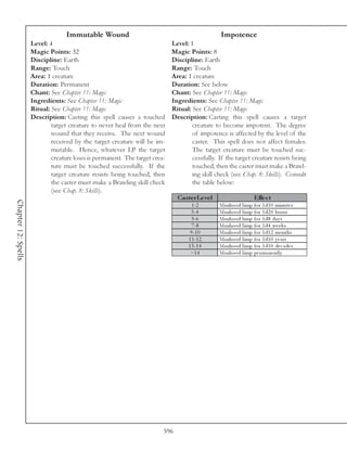 Immutable Wound                                               Impotence
                     Level: 4                                                Level: 1
                     Magic Points: 32                                        Magic Points: 8
                     Discipline: Earth                                       Discipline: Earth
                     Range: Touch                                            Range: Touch
                     Area: 1 creature                                        Area: 1 creature
                     Duration: Permanent                                     Duration: See below
                     Chant: See Chapter 11: Magic                            Chant: See Chapter 11: Magic
                     Ingredients: See Chapter 11: Magic                      Ingredients: See Chapter 11: Magic
                     Ritual: See Chapter 11: Magic                           Ritual: See Chapter 11: Magic
                     Description: Casting this spell causes a touched        Description: Casting this spell causes a target
                             target creature to never heal from the next             creature to become impotent. The degree
                             wound that they receive. The next wound                 of impotence is affected by the level of the
                             received by the target creature will be im-             caster. This spell does not affect females.
                             mutable. Hence, whatever LP the target                  The target creature must be touched suc-
                             creature loses is permanent. The target crea-           cessfully. If the target creature resists being
                             ture must be touched successfully. If the               touched, then the caster must make a Brawl-
                             target creature resists being touched, then             ing skill check (see Chap. 8: Skills). Consult
                             the caster must make a Brawling skill check             the table below:
                             (see Chap. 8: Skills).
                                                                               Cas te rLe ve l                    Effe c t
Chapter 12: Spells




                                                                                     1 -2        Ma nhood l i mp for 1 d1 0 mi nute s
                                                                                     3 -4        Ma nhood l i mp for 1 d2 0 hours
                                                                                     5 -6        Ma nhood l i mp for 1 d8 da y s
                                                                                     7 -8        Ma nhood l i mp for 1 d4 we e k s
                                                                                    9 -1 0       Ma nhood l i mp for 1 d1 2 months
                                                                                   1 1 -1 2      Ma nhood l i mp for 1 d1 0 y e a rs
                                                                                   1 3 -1 4      Ma nhood l i mp for 1 d1 0 de c a de s
                                                                                    >1 4         Ma nhood l i mp pe r ma ne ntl y




                                                                         596
 