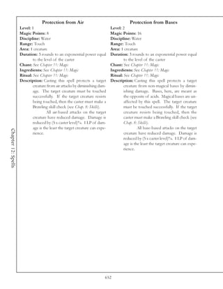 Protection from Air                                     Protection from Bases
                     Level: 1                                                 Level: 2
                     Magic Points: 8                                          Magic Points: 16
                     Discipline: Water                                        Discipline: Water
                     Range: Touch                                             Range: Touch
                     Area: 1 creature                                         Area: 1 creature
                     Duration: 3 rounds to an exponential power equal         Duration: 3 rounds to an exponential power equal
                             to the level of the caster                               to the level of the caster
                     Chant: See Chapter 11: Magic                             Chant: See Chapter 11: Magic
                     Ingredients: See Chapter 11: Magic                       Ingredients: See Chapter 11: Magic
                     Ritual: See Chapter 11: Magic                            Ritual: See Chapter 11: Magic
                     Description: Casting this spell protects a target        Description: Casting this spell protects a target
                             creature from air attacks by diminishing dam-            creature from non-magical bases by dimin-
                             age. The target creature must be touched                 ishing damage. Bases, here, are meant as
                             successfully. If the target creature resists             the opposite of acids. Magical bases are un-
                             being touched, then the caster must make a               affected by this spell. The target creature
                             Brawling skill check (see Chap. 8: Skills).              must be touched successfully. If the target
                                      All air-based attacks on the target             creature resists being touched, then the
                             creature have reduced damage. Damage is                  caster must make a Brawling skill check (see
                             reduced by (5 x caster level)%. 1 LP of dam-             Chap. 8: Skills).
                             age is the least the target creature can expe-                    All base-based attacks on the target
Chapter 12: Spells




                             rience.                                                  creature have reduced damage. Damage is
                                                                                      reduced by (5 x caster level)%. 1 LP of dam-
                                                                                      age is the least the target creature can expe-
                                                                                      rience.




                                                                          652
 