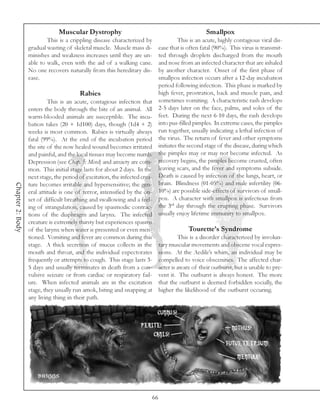Muscular Dystrophy                                                      Smallpox
                          This is a crippling disease characterized by                      This is an acute, highly contagious viral dis-
                  gradual wasting of skeletal muscle. Muscle mass di-             ease that is often fatal (90%). This virus is transmit-
                  minishes and weakness increases until they are un-              ted through droplets discharged from the mouth
                  able to walk, even with the aid of a walking cane.              and nose from an infected character that are inhaled
                  No one recovers naturally from this hereditary dis-             by another character. Onset of the first phase of
                  ease.                                                           smallpox infection occurs after a 12-day incubation
                                                                                  period following infection. This phase is marked by
                                         Rabies                                   high fever, prostration, back and muscle pain, and
                           This is an acute, contagious infection that            sometimes vomiting. A characteristic rash develops
                  enters the body through the bite of an animal. All              2-5 days later on the face, palms, and soles of the
                  warm-blooded animals are susceptible. The incu-                 feet. During the next 6-10 days, the rash develops
                  bation takes (20 + 1d100) days, though (1d4 + 2)                into pus-filled pimples. In extreme cases, the pimples
                  weeks is most common. Rabies is virtually always                run together, usually indicating a lethal infection of
                  fatal (99%). At the end of the incubation period                the virus. The return of fever and other symptoms
                  the site of the now healed wound becomes irritated              initiates the second stage of the disease, during which
                  and painful, and the local tissues may become numb.             the pimples may or may not become infected. As
                  Depression (see Chap. 5: Mind) and anxiety are com-             recovery begins, the pimples become crusted, often
                  mon. This initial stage lasts for about 2 days. In the          leaving scars, and the fever and symptoms subside.
                  next stage, the period of excitation, the infected crea-        Death is caused by infection of the lungs, heart, or
                  ture becomes irritable and hypersensitive; the gen-             brain. Blindness (01-05%) and male infertility (06-
Chapter 2: Body




                  eral attitude is one of terror, intensified by the on-          10%) are possible side-effects of survivors of small-
                  set of difficult breathing and swallowing and a feel-           pox. A character with smallpox is infectious from
                  ing of strangulation, caused by spasmodic contrac-              the 3rd day through the erupting phase. Survivors
                  tions of the diaphragm and larynx. The infected                 usually enjoy lifetime immunity to smallpox.
                  creature is extremely thirsty but experiences spasms
                  of the larynx when water is presented or even men-                           Tourette’s Syndrome
                  tioned. Vomiting and fever are common during this                        This is a disorder characterized by involun-
                  stage. A thick secretion of mucus collects in the               tary muscular movements and obscene vocal expres-
                  mouth and throat, and the individual expectorates               sions. At the Aedile’s whim, an individual may be
                  frequently or attempts to cough. This stage lasts 3-            compelled to voice obscenities. The affected char-
                  5 days and usually terminates in death from a con-              acter is aware of their outburst, but is unable to pre-
                  vulsive seizure or from cardiac or respiratory fail-            vent it. The outburst is always honest. The more
                  ure. When infected animals are in the excitation                that the outburst is deemed forbidden socially, the
                  stage, they usually run amok, biting and snapping at            higher the likelihood of the outburst occuring.
                  any living thing in their path.




                                                                             66
 