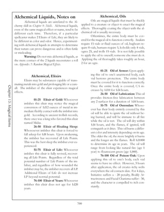 Alchemical Liquids, Notes on                                              Alchemical, Oils
                                    Alchemical liquids are unrelated to the Al-               Oils are magical liquids that must be thickly
                            chemy skill in Chapter 8: Skills. Alchemical liquids,     applied to a creature or object to enact the magical
                            even of the same magical effect or name, tend to be       effects. Thoroughly coating the object with the al-
                            different each time. Therefore, if a particular           chemical oil is usually necessary.
                            spellcaster makes 2 Elixirs of Life, they are likely to           Oftentimes, the entire body must be cov-
                            be different in color and odor. Hence, experiment-        ered for the magical oil to function correctly. Anakim
                            ing with alchemical liquids in attempts to determine      require 15 vials or fluid ounces of oil, bugbears re-
                            their nature can prove dangerous and is often futile      quire 8 vials, humans require 5, kobolds only 4 vials,
                            or misleading.                                            ogres 25, and trolls 15 vials. It is not fully possible
                                    Warning: Do not mix alchemical liquids, as        to apply the oil to oneself; someone else must do it.
                            the mere contact of the 2 liquids necessitates a roll     Applying the oil thoroughly takes roughly an hour,
                            on Appendix 3: Random Magical Effects.                    2 for an ogre.

                                                                                                       01-25 Oil of Armor: Upon apply-
                                                                                              ing this oil to one’s unarmored body, each
                                          Alchemical, Elixirs
                                                                                              vial bestows protection. The entire body
                                     Elixirs may be substances capable of trans-
                                                                                              must be covered for it to function correctly.
                            muting metals into gold and prolonging life or a cure-
                                                                                              Once the entire body is covered, CA in-
Chapter 13: Magical Items




                            all. The imbiber of the elixir experiences magical
                                                                                              creases by 1d10 for 1d4 hours.
                            effects.
                                                                                                       26-50 Oil of Lubrication: This oil
                                                                                              provides friction-free lubrication between
                                             01-25 Elixir of Gold: Whosoever
                                                                                              any 2 surfaces for a duration of 1d4 hours.
                                    imbibes this elixir may notice the magical
                                                                                                       51-75 Oil of Ontendan: Whoso-
                                    conversion of 1d12 ounces of metal in im-
                                                                                              ever has their body entirely covered by this
                                    mediate fleshly contact with the imbiber into
                                                                                              oil will be able to ignite the oil without be-
                                    gold. According to ancient trollish records,
                                                                                              ing burned, and will be immune to all fire
                                    there once was a king who favored this elixir
                                                                                              while the oil is wet. The oil will dry within
                                    named Midas.
                                                                                              1d4 hours, and the flames, if ignited, will
                                             26-50 Elixir of Healing Sleep:
                                                                                              extinguish as it dries. This oil burns a differ-
                                    Whososever imbibes this elixir is forced to
                                                                                              ent color and intensity depending on its age.
                                    fall asleep for 1d8 hours. Upon awakening,
                                                                                              The older the oil, the more brightly it burns
                                    the imbiber has recovered all Life Points.
                                                                                              and the longer are the flames. Roll 1d1000
                                    This was the best sleep the imbiber ever ex-
                                                                                              to determine its age in years. The oil will
                                    perienced.
                                                                                              range from looking like natural fire (age 1
                                             51-75 Elixir of Life: Whosoever
                                                                                              year) to flourescent green (age 1,000).
                                    imbibes this elixir is fully revived, recover-
                                                                                                       76-100 Oil of Poison Oak: Upon
                                    ing all Life Points. Regardless of the total
                                                                                              applying this oil to one’s body, each vial
                                    potential number of Life Points of the im-
                                                                                              seems to have no effect. However, 3 hours
                                    biber, and regardless of how wounded the
                                                                                              after application, the oil creates itchy welts
                                    imbiber may be, the imbiber recovers all LP.
                                                                                              everywhere the oil contacts skin. For 4 days,
                                    Additional Elixirs of Life do not increase
                                                                                              Initiative suffers a - 20 penalty, Bodily At-
                                    LP beyond normal potential.
                                                                                              tractiveness and Facial Charisma suffer - 30,
                                             76-100 Elixir of Years: Whosoever
                                                                                              and the character is compelled to itch con-
                                    imbibes this elixir does not age for 1d20
                                                                                              stantly.
                                    years.



                                                                                  700
 