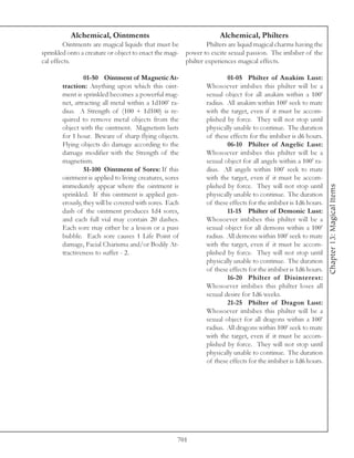 Alchemical, Ointments                                      Alchemical, Philters
         Ointments are magical liquids that must be              Philters are liquid magical charms having the
sprinkled onto a creature or object to enact the magi-   power to excite sexual passion. The imbiber of the
cal effects.                                             philter experiences magical effects.

                 01-50 Ointment of Magnetic At-                          01-05 Philter of Anakim Lust:
        traction: Anything upon which this oint-                 Whosoever imbibes this philter will be a
        ment is sprinkled becomes a powerful mag-                sexual object for all anakim within a 100’
        net, attracting all metal within a 1d100’ ra-            radius. All anakim within 100’ seek to mate
        dius. A Strength of (100 + 1d100) is re-                 with the target, even if it must be accom-
        quired to remove metal objects from the                  plished by force. They will not stop until
        object with the ointment. Magnetism lasts                physically unable to continue. The duration
        for 1 hour. Beware of sharp flying objects.              of these effects for the imbiber is d6 hours.
        Flying objects do damage according to the                        06-10 Philter of Angelic Lust:
        damage modifier with the Strength of the                 Whosoever imbibes this philter will be a
        magnetism.                                               sexual object for all angels within a 100’ ra-
                 51-100 Ointment of Sores: If this               dius. All angels within 100’ seek to mate
        ointment is applied to living creatures, sores           with the target, even if it must be accom-
        immediately appear where the ointment is                 plished by force. They will not stop until




                                                                                                                  Chapter 13: Magical Items
        sprinkled. If this ointment is applied gen-              physically unable to continue. The duration
        erously, they will be covered with sores. Each           of these effects for the imbiber is 1d6 hours.
        dash of the ointment produces 1d4 sores,                         11-15 Philter of Demonic Lust:
        and each full vial may contain 20 dashes.                Whosoever imbibes this philter will be a
        Each sore may either be a lesion or a puss               sexual object for all demons within a 100’
        bubble. Each sore causes 1 Life Point of                 radius. All demons within 100’ seek to mate
        damage, Facial Charisma and/or Bodily At-                with the target, even if it must be accom-
        tractiveness to suffer - 2.                              plished by force. They will not stop until
                                                                 physically unable to continue. The duration
                                                                 of these effects for the imbiber is 1d6 hours.
                                                                         16-20 Philter of Disinterest:
                                                                 Whosoever imbibes this philter loses all
                                                                 sexual desire for 1d6 weeks.
                                                                         21-25 Philter of Dragon Lust:
                                                                 Whosoever imbibes this philter will be a
                                                                 sexual object for all dragons within a 100’
                                                                 radius. All dragons within 100’ seek to mate
                                                                 with the target, even if it must be accom-
                                                                 plished by force. They will not stop until
                                                                 physically unable to continue. The duration
                                                                 of these effects for the imbiber is 1d6 hours.




                                                     701
 
