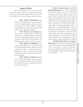 Apparel, Boots                                      71-85 Cursed Boots of Per-
        Boots are protection for the foot and the           petual Sprinting: These boots comforably
lower leg. Most boots are constructed of leather.           fit the wearer and seem to be normal and
Both boots of the same magical item must be worn            desirable in all respects. However, once the
for an effect to be noticed, unless stated otherwise.       wearer begins to sprint, the boots will con-
                                                            tinue to force the legs of the wearer to sprint
                01-15 Boots of Beorgan: These               perpetually. The wearer must make appro-
        boots comfortably fit the wearer and seem           priate checks (see the Sprint skill in Chap. 8:
        to be normal in all respects. However, these        Skills) until they are exhausted and physi-
        boots grant the wearer 1d10 CA against              cally unable to continue sprinting. Eventu-
        melee attacks seen by the wearer due to im-         ally, the boots will be dragging the body of
        proved footwork during combat.                      the wearer, who will be too weak to change
                16-30 Boots of Endurance:                   the direction of the sprint. The boots will
        These boots comfortably fit the wearer and          sprint in the same direction until they run
        seem to be normal in all respects. However,         into a solid object. A new direction will be
        once the wearer begins to sprint, the wearer        determined randomly. Damage may occur
        will notice that they will not become ex-           to the wearer, as determined by the Aedile.
        hausted and may sprint as long as desired.                   86-100 Cursed Boots of Sprint
                31-45 Boots of Kicking: These               Resistance: These boots comfortably fit the




                                                                                                              Chapter 13: Magical Items
        boots comfortably fit the wearer and seem           wearer and seem to be normal and desirable
        to be normal in all respects. However, when         boots in all respects. However, whenever
        a character makes a successful kick (see            the wearer attempts to sprint, the boots seem
        Brawling in Chap. 8: Skills), the kick does         to weigh 800 lbs. apiece, offering resistance
        double the normal damage before modifi-             to movement.
        ers are applied.
                46-70 Boots of Velocity: These
        boots comfortably fit the wearer and seem
        to be normal in all respects. However, these
        boots allow the wearer to sprint at twice their
        natural sprint speed.




                                                      705
 