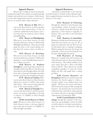Apparel, Bracers                                    Apparel, Brassieres
                                    Bracers are coverings for the lower forearm,        A brassiere is material that covers and sup-
                            and may be made from a variety of materials, though ports the breasts of a female. Unless otherwise speci-
                            leather and metal are most common. Both bracers fied, a magical brassiere conforms to the size of the
                            of the same magical item must be worn for an ef- breasts of the wearer.
                            fect to be noticed, unless stated otherwise.
                                                                                                 01-20 Brassiere of Flattering:
                                             01-14 Bracers of Bile: Whoso-              Though the material of this brassiere may
                                    ever wears these bracers on their forearms          vary, including a variety of metals or cloth,
                                    will notice that several drops of bile are          whenever a female wears this brassiere, the
                                    somehow emitted from the bracers onto a             appearance of her breasts is magically en-
                                    foe when they are struck by a fist or elbow         hanced. The exact effect is best described
                                    during Brawling.                                    by the Aedile.
                                             15-28 Bracers of Blindfighting:                     21-40 Brassiere of Immobility:
                                    Whosoever wears these bracers on their              Whenever a female wears this brassiere, pro-
                                    forearms will receive a bonus of 1d10 to their      vided that her breasts are cup size ‘B’ or
                                    Blindfighting skill check. These bracers help       larger, she will notice that she does not suf-
                                    guide the arms of the wearer during com-            fer discomfort due to running or jumping.
                                    bat when the wearer cannot see their en-            While wearing this brassiere, her breasts are
Chapter 13: Magical Items




                                    emy.                                                immobile, so they are not bouncing all over
                                             29-42 Bracers of Brawling:                 the place during physical activity.
                                    Whosoever wears these bracers on their                       41-60 Brassiere of Staring:
                                    forearms will receive a bonus of 1d10 to the        Whenever a female wears this brassiere, all
                                    damage of a successful Brawling attack if a         other characters who see the wearer will stare
                                    fist or elbow was used.                             at the brassiere. They will be unable to look
                                             43-56 Bracers of Bugbear                   away unless they pass a Drive sub-ability
                                    Strength: If a male wears these bracers, his        check at TH 16. They will not be sexually
                                    Strength will become 200. If a female wears         compelled, regardless of what the wearer
                                    these bracers, her Strength will become 150.        thinks, but they will simply have a staring
                                    Note that a character’s Strength may either         problem.
                                    increase or decrease by wearing these bracers.               61-80 Cursed Brassiere of
                                             57-70 Bracers of Combat: Who-              Droopiness: Whenever a female wears this
                                    soever wears these bracers on their forearms        brassiere, her breasts appear to others as
                                    will receive a bonus of 1d10 to their attack        though weights were pulling down her
                                    skill checks. These bracers help guide the          nipples. However, the wearer will believe
                                    arms of the wearer during combat.                   that her breasts look great while wearing this
                                             71-84 Bracers of Strength: Who-            brassiere. Any character who sees her breasts
                                    soever wears these bracers on their forearms        in this brassiere, and with no other garment
                                    notices an increase, depending on the pair          over them, will react as though her Bodily
                                    of bracers, of (1d100)% in their Strength           Attractiveness is lowered by 2d20.
                                    sub-ability.                                                 81-100 Cursed Brassiere of Flat-
                                             85-100 Cursed Bracers of Weak-             tening: Though the material of this bras-
                                    ness: Whosoever wears these bracers on              siere may vary, including a variety of metals
                                    their forearms notices a decrease, depend-          or cloth, whenever a female wears this bras-
                                    ing on the pair of bracers, of (1d100)% in          siere, her breasts are reduced by 1d4 cup
                                    their Strength sub-ability.                         sizes.



                                                                               706
 