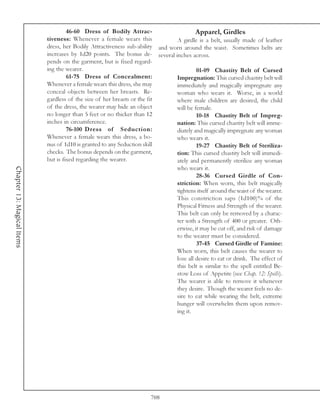 46-60 Dress of Bodily Attrac-                      Apparel, Girdles
                            tiveness: Whenever a female wears this             A girdle is a belt, usually made of leather
                            dress, her Bodily Attractiveness sub-ability and worn around the waist. Sometimes belts are
                            increases by 1d20 points. The bonus de- several inches across.
                            pends on the garment, but is fixed regard-
                            ing the wearer.                                             01-09 Chastity Belt of Cursed
                                     61-75 Dress of Concealment:               Impregnation: This cursed chastity belt will
                            Whenever a female wears this dress, she may        immediately and magically impregnate any
                            conceal objects between her breasts. Re-           woman who wears it. Worse, in a world
                            gardless of the size of her breasts or the fit     where male children are desired, the child
                            of the dress, the wearer may hide an object        will be female.
                            no longer than 5 feet or no thicker than 12                 10-18 Chastity Belt of Impreg-
                            inches in circumference.                           nation: This cursed chastity belt will imme-
                                     76-100 Dress of Seduction:                diately and magically impregnate any woman
                            Whenever a female wears this dress, a bo-          who wears it.
                            nus of 1d10 is granted to any Seduction skill               19-27 Chastity Belt of Steriliza-
                            checks. The bonus depends on the garment,          tion: This cursed chastity belt will immedi-
                            but is fixed regarding the wearer.                 ately and permanently sterilize any woman
                                                                               who wears it.
Chapter 13: Magical Items




                                                                                        28-36 Cursed Girdle of Con-
                                                                               striction: When worn, this belt magically
                                                                               tightens itself around the waist of the wearer.
                                                                               This constriction saps (1d100)% of the
                                                                               Physical Fitness and Strength of the wearer.
                                                                               This belt can only be removed by a charac-
                                                                               ter with a Strength of 400 or greater. Oth-
                                                                               erwise, it may be cut off, and risk of damage
                                                                               to the wearer must be considered.
                                                                                        37-45 Cursed Girdle of Famine:
                                                                               When worn, this belt causes the wearer to
                                                                               lose all desire to eat or drink. The effect of
                                                                               this belt is similar to the spell entitled Be-
                                                                               stow Loss of Appetite (see Chap. 12: Spells).
                                                                               The wearer is able to remove it whenever
                                                                               they desire. Though the wearer feels no de-
                                                                               sire to eat while wearing the belt, extreme
                                                                               hunger will overwhelm them upon remov-
                                                                               ing it.




                                                                       708
 