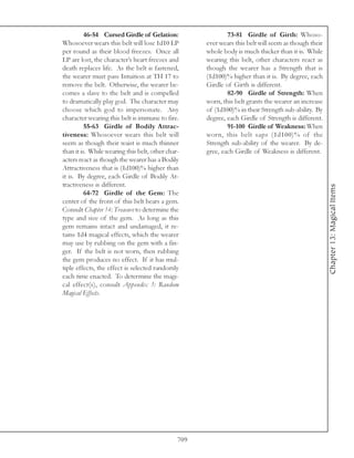 46-54 Cursed Girdle of Gelation:                   73-81 Girdle of Girth: Whoso-
Whosoever wears this belt will lose 1d10 LP          ever wears this belt will seem as though their
per round as their blood freezes. Once all           whole body is much thicker than it is. While
LP are lost, the character’s heart freezes and       wearing this belt, other characters react as
death replaces life. As the belt is fastened,        though the wearer has a Strength that is
the wearer must pass Intuition at TH 17 to           (1d100)% higher than it is. By degree, each
remove the belt. Otherwise, the wearer be-           Girdle of Girth is different.
comes a slave to the belt and is compelled                   82-90 Girdle of Strength: When
to dramatically play god. The character may          worn, this belt grants the wearer an increase
choose which god to impersonate. Any                 of (1d100)% in their Strength sub-ability. By
character wearing this belt is immune to fire.       degree, each Girdle of Strength is different.
          55-63 Girdle of Bodily Attrac-                     91-100 Girdle of Weakness: When
tiveness: Whosoever wears this belt will             worn, this belt saps (1d100)% of the
seem as though their waist is much thinner           Strength sub-ability of the wearer. By de-
than it is. While wearing this belt, other char-     gree, each Girdle of Weakness is different.
acters react as though the wearer has a Bodily
Attractiveness that is (1d100)% higher than
it is. By degree, each Girdle of Bodily At-
tractiveness is different.




                                                                                                      Chapter 13: Magical Items
          64-72 Girdle of the Gem: The
center of the front of this belt bears a gem.
Consult Chapter 14: Treasure to determine the
type and size of the gem. As long as this
gem remains intact and undamaged, it re-
tains 1d4 magical effects, which the wearer
may use by rubbing on the gem with a fin-
ger. If the belt is not worn, then rubbing
the gem produces no effect. If it has mul-
tiple effects, the effect is selected randomly
each time enacted. To determine the magi-
cal effect(s), consult Appendix 3: Random
Magical Effects.




                                               709
 