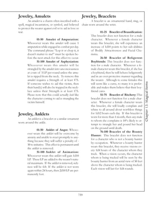 Jewelry, Amulets                                           Jewelry, Bracelets
        An amulet is a charm often inscribed with a               A bracelet is an ornamental band, ring, or
spell, magical incantation, or symbol, and believed        chain worn around the wrist.
to protect the wearer against evil or to aid in love or
war.                                                                      01-25 Bracelet of Beautification:
                                                                  This bracelet does not function for a male
                  01-50 Amulet of Amputation:                     character. Whenever a female character
        Whosoever wears this amulet will cause 1                  wears this bracelet, she will experience an
        amputation while engaged in combat per day.               increase of 1d10 points to her sub-abilities
        The command phrase “Lop it or chop it, it                 of Bodily Attractiveness and Facial Cha-
        doesn’t matter to me!” must be spoken be-                 risma.
        fore the next attack for this effect to occur.                    26-50 Bracelet of Beligerent
                  51-100 Amulet of Asphyxiation:                  Boyfriends: This bracelet does not func-
        Whosoever wears this amulet will be                       tion for a male character. Whenever a fe-
        strangled by the amulet into unconciousness               male character wears this bracelet, if she has
        at a rate of 3 LP per round unless the amu-               a boyfriend, then he will behave beligerently
        let is ripped from the neck. To remove this               and in an over-protective manner regarding
        amulet requires a Strength of at least 175.               the wearer. Although to some females this




                                                                                                                   Chapter 13: Magical Items
        If someone wishes to aid this victim, then                will seem like a curse, to many it is prefer-
        their hand(s) will also be trapped in the neck-           able and makes them believe that their boy-
        lace unless their Strength is at least 175.               friend cares.
        Please note that this could actually look like                    51-75 Bracelet of Bitchery: This
        the character coming to aid is strangling the             bracelet does not function for a male char-
        victim himself.                                           acter. Whenever a female character wears
                                                                  this bracelet, she will loudly complain and
                                                                  whine to all around about worthless things
Jewelry, Anklets                                                  for 1d12 hours each day. If this bracelet is
                                                                  worn for more than 1 month, then any male
       An anklet is a bracelet or a similar ornament
                                                                  to whom she complains is 10% likely to at-
worn around the ankle.
                                                                  tempt to strangle her and pound her head
                                                                  on the ground until death.
                 01-50 Anklet of Angst: Whoso-
                                                                          76-100 Bracelet of the Bounty
        ever wears this anklet will be overcome by
                                                                  Hunter: This bracelet does not function
        anxiety and unable to react promptly to any-
                                                                  for a character who is not a bounty hunter
        thing because they will suffer a penalty of -
                                                                  by occupation. Whenever a bounty hunter
        50 to initiative. This effect is permanent until
                                                                  wears this bracelet, they receive visions ev-
        the anklet is removed.
                                                                  ery 1d4 hours of the character whom they
                 51-100 Anklet of Animation:
                                                                  track. When a vision occurs, the character
        Whosoever wears this anklet will gain 1d10
                                                                  whom is being tracked will be seen by the
        LP. These LP are added to the wearer’s natu-
                                                                  bounty hunter from an aerial view of 50 feet
        ral maximum. If the anklet is removed, sick-
                                                                  above the character whom is being tracked.
        ness will be felt. If the anklet is not worn
                                                                  Each vision will last for 1d4 rounds.
        again within 24 hours, then 2d10 LP are per-
        manently lost.




                                                       739
 