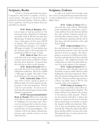 Scripture, Books                                     Scripture, Codexes
                                    A book is a formal and written document.          A codex is an ancient book, though it may
                            Compared to other forms of scripture, a book is a also consist of unbound sheets in manuscript form.
                            recent creation. The pages of a book are made of A codex is distinct from a scroll. Codexes are often
                            parchment and bound together. However, unlike a highly valued.
                            tome or grimoire, a book may be written about any
                            miscellaneous material.                                             01-25 Codex of Chaos: Whoso-
                                                                                      ever reads this codex will lose all Ethicality
                                              01-20 Book of Butchery: Who-            points regarding their disposition, and be-
                                    soever begins to read any portion of this         come unethical. Next, the character will take
                                    book must make a Hand-Eye Coordination            the codex and flee civilization and all con-
                                    sub-ability check at TH 24 every time they        tact with other sentient creatures. The char-
                                    flip the page. If failed, the character experi-   acter will behave randomly until the end of
                                    ences a deep paper-cut that causes 1d4 LP         their days, and will reread this codex until
                                    of damage. The contents of this book are          they go blind.
                                    about butchery techniques. It is (1d100 +                   26-50 Codex of Climax: This co-
                                    100) pages in length. If read entirely, then      dex only functions for a female reader. If a
                                    the character gains 2 SP toward their dis-        literate female reads this codex, then she will
Chapter 13: Magical Items




                                    memberment skill (see Chap. 8: Skills).           learn how to have an orgasm. She will ex-
                                              21-40 Book of Fate: Whosoever           perience an increase of 1d100 points of De-
                                    reads this book in its entirety must pass a       bauchery, and value this book above all other
                                    Common Sense check at TH 24 or believe            possessions. The enlightened female will
                                    that they know their fate. If passed, then        avidly pursue sex with every male within rea-
                                    the book has no effect on the character.          son, even at the expense of her marriage.
                                              41-60 Book of Proverbs: Whoso-                    51-75 Codex of Control: Whoso-
                                    ever reads this book in its entirety will gain    ever reads this codex will gain control over
                                    1d10 points in Wisdom. The book is (1d100         all sentient creatures within 1d10 feet while
                                    + 100) pages in length. The effect of this        holding this codex above their head. There-
                                    book functions only once per character.           after, the character will guard the codex with
                                              61-80 Caster-fury Tales: This lit-      their life. Characters within range must pass
                                    erary work is about a group of priests of         a Drive sub-ability check at TH 21 each
                                    different faiths who travel together by hap-      round in order to be unaffected.
                                    penstance to the same destination. There is                 76-100 Codex of Creation: Who-
                                    a tale for each traveler. If read in its en-      soever begins to read this codex will be un-
                                    tirety, then the character gains 1 point in their able to stop reading until it is finished. The
                                    Sanguine temperament.                             reader will learn every detail of the creation
                                              81-100 Yayraaeeefunduhfukk’s            of the universe, world, and gods. Thereaf-
                                    Book of Iboniks: Whosoever reads this             ter, the character will refuse to discuss the
                                    book will lose 1 point from each sub-ability      subject of creation for the rest of their life.
                                    of Intelligence for each page read. How-          Upon natural death, not murder or suicide,
                                    ever, for each page that is read, the charac-     the character will become immortal. How-
                                    ter acquires a 1% cumulative chance of real-      ever, if they are decapitated, they will per-
                                    izing that they are losing Intelligence. The      manently die. Otherwise, their body will not
                                    contents of the book explore cultural issues      decay and they will live as long as the earth.
                                    between ogres and the society in or near          This particular type of codex cannot be de-
                                    which they live.                                  stroyed by any means.


                                                                              748
 