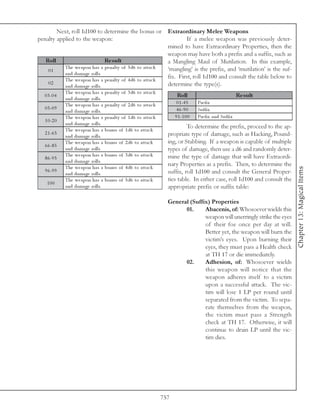 Next, roll 1d100 to determine the bonus or Extraordinary Melee Weapons
penalty applied to the weapon:                                         If a melee weapon was previously deter-
                                                               mined to have Extraordinary Properties, then the
                                                               weapon may have both a prefix and a suffix, such as
   Roll                           Re s ult                     a Mangling Maul of Mutilation. In this example,
           The we a pon ha s a pe na l ty of 5 d6 to a tta c k ‘mangling’ is the prefix, and ‘mutilation’ is the suf-
    01
           a nd da ma ge rol l s.
           The we a pon ha s a pe na l ty of 4 d6 to a tta c k
                                                               fix. First, roll 1d100 and consult the table below to
    02                                                         determine the type(s).
           a nd da ma ge rol l s.
              The we a pon ha s a      pe na l ty of 3 d6 to a tta c k
   0 3 -0 4
              a nd da ma ge rol l s.
                                                                                Roll                                Re s ult
              The we a pon ha s a      pe na l ty of 2 d6 to a tta c k          0 1 -4 5    Pre fi x
   0 5 -0 9                                                                     4 6 -9 0    Suffi x
              a nd da ma ge rol l s.
              The we a pon ha s a      pe na l ty of 1 d6 to a tta c k         9 1 -1 0 0   Pre fi x a nd Suffi x
   1 0 -2 0
              a nd da ma ge rol l s.
                                                                                    To determine the prefix, proceed to the ap-
              The we a pon ha s a      bonus of 1 d6 to a tta c k
   2 1 -6 5                                                                propriate type of damage, such as Hacking, Pound-
              a nd da ma ge rol l s.
              The we a pon ha s a      bonus of 2 d6 to a tta c k          ing, or Stabbing. If a weapon is capable of multiple
   6 6 -8 5
              a nd da ma ge rol l s.                                       types of damage, then use a d6 and randomly deter-
              The we a pon ha s a      bonus of 3 d6 to a tta c k          mine the type of damage that will have Extraordi-
   8 6 -9 5
              a nd da ma ge rol l s.
              The we a pon ha s a      bonus of 4 d6 to a tta c k
                                                                           nary Properties as a prefix. Then, to determine the




                                                                                                                                    Chapter 13: Magical Items
   9 6 -9 9                                                                suffix, roll 1d100 and consult the General Proper-
              a nd da ma ge rol l s.
              The we a pon ha s a      bonus of 5 d6 to a tta c k          ties table. In either case, roll 1d100 and consult the
    100
              a nd da ma ge rol l s.                                       appropriate prefix or suffix table:

                                                                           General (Suffix) Properties
                                                                                 01.     Abacenis, of: Whosoever wields this
                                                                                         weapon will unerringly strike the eyes
                                                                                         of their foe once per day at will.
                                                                                         Better yet, the weapon will burn the
                                                                                         victim’s eyes. Upon burning their
                                                                                         eyes, they must pass a Health check
                                                                                         at TH 17 or die immediately.
                                                                                 02.     Adhesion, of: Whosoever wields
                                                                                         this weapon will notice that the
                                                                                         weapon adheres itself to a victim
                                                                                         upon a successful attack. The vic-
                                                                                         tim will lose 1 LP per round until
                                                                                         separated from the victim. To sepa-
                                                                                         rate themselves from the weapon,
                                                                                         the victim must pass a Strength
                                                                                         check at TH 17. Otherwise, it will
                                                                                         continue to drain LP until the vic-
                                                                                         tim dies.




                                                                         757
 
