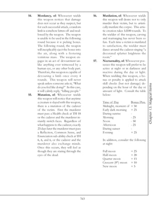 54.   Mordancy, of: Whosoever wields              56.   Mutilation, of: Whosoever wields
      this weapon notices that damage                   this weapon will desire not to only
      does not occur as they suspect, but               murder their victim, but to artisti-
      for each successful attack, a random              cally mutilate the corpse. This artis-
      limb is somehow bitten off and swal-              tic creation takes 1d100 rounds. To
      lowed by the weapon. The weapon                   the wielder of this weapon, carving
      is unable to be used in the following             and rearranging has never been so
      round because it is picking bones.                fun. Each time a victim is mutilated
      The following round, the weapon                   to satisfaction, the wielder must
      will inexplicably eject the bones into            dance around the cadaver singing “a
      the air, along with a festering                   decorated splatter brightens the
      vomitous mass. The weapon en-                     room.”
      gages in an act of devourment un-           57.   Nocturnality, of: Whosoever pos-
      like anything ever witnessed by a                 sesses this weapon will prefer to be
      human eye, or any other body part.                active at night or in darkness and
      Therefore, this weapon is capable of              inactive during the day or light.
      devouring a limb once every 4                     When wielding this weapon, a bo-
      rounds. This weapon will never                    nus or penalty is applied to attack
      speak unless someone asks it, “What               skill checks (but not damage) de-




                                                                                                 Chapter 13: Magical Items
      do you feel like doing?” In this case,            pending on the hour of the day or
      it will calmly reply, “killing people.”           amount of light. Consult the table
55.   Mutation, of: Whosoever wields                    below:
      this weapon will notice that anytime
      a creature is slayed with this weapon,            Time of Day             Bonus/Pen.
      there is a mutation of the cadaver                Midnight, moment of     + 50
      of the victim. First the murderer                 Early dark morning      + 25
      must pass a Health check at TH 18                 During sunrise          -
      or the cadaver and the murderer in-               Morning                 - 25
      stantly switch faces. Regardless of               Noon                    - 50
      what happens to the cadaver, exactly              Afternoon               - 25
      23 days later the murderer must pass              During sunset           -
      a Reflection, Common Sense, and                   Evening                 + 25
      Enunciation sub-ability check at TH
      6, 6, and 6, or the cadaver and the               In addition, consider the following
      murderer also exchange minds.                     at night:
      Once this occurs, they will feel as
      though they are staring through the               Full moon               + 25
      eyes of the dead.                                 Half-moon               + 20
                                                        Quarter moon            + 15
                                                        Crescent (8th) moon     + 10
                                                        New moon                +5




                                            763
 