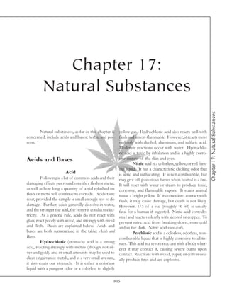 Chapter 17:
          Natural Substances




                                                                                                                    Chapter 17: Natural Substances
         Natural substances, as far as this chapter is yellow gas. Hydrochloric acid also reacts well with
concerned, include acids and bases, herbs, and poi- flesh and is non-flammable. However, it reacts most
sons.                                                   violently with alcohol, aluminum, and sulfuric acid.
                                                        Moderate reactions occur with water. Hydrochlo-
                                                        ric acid is toxic by inhalation and is a highly corro-
Acids and Bases                                         sive irritant of the skin and eyes.
                                                                  Nitric acid is a colorless, yellow, or red fum-
                                                        ing liquid. It has a characteristic choking odor that
                          Acid                          is acrid and suffocating. It is not combustible, but
         Following is a list of common acids and their may give off poisonous fumes when heated in a fire.
damaging effects per round on either flesh or metal, It will react with water or steam to produce toxic,
as well as how long a quantity of a vial splashed on corrosive, and flammable vapors. It stains animal
flesh or metal will continue to corrode. Acids taste tissue a bright yellow. If it comes into contact with
sour, provided the sample is small enough not to do flesh, it may cause damage, but death is not likely.
damage. Further, acids generally dissolve in water, However, 1/3 of a vial (roughly 10 ml) is usually
and the stronger the acid, the better it conducts elec- fatal for a human if ingested. Nitric acid corrodes
tricity. As a general rule, acids do not react with steel and reacts violently with alcohol or copper. To
glass, react poorly with wood, and strongly with metal prevent nitric acid from breaking down, store cold
and flesh. Bases are explained below. Acids and and in the dark. Nitric acid eats cork.
bases are both summarized in the table: Acids and                 Perchloric acid is a colorless, odorless, non-
Bases.                                                  combustible liquid that is highly corrosive to all tis-
         Hydrochloric (stomach) acid is a strong sues. This acid is a severe reactant with a body wher-
acid, reacting strongly with metals (though not sil- ever it may contact it, causing severe burns upon
ver and gold), and in small amounts may be used to contact. Reactions with wood, paper, or cotton usu-
clean or galvanize metals, and in a very small amount, ally produce fires and are explosive.
it also coats our stomach. It is either a colorless
liquid with a pungent odor or a colorless to slightly

                                                      805
 