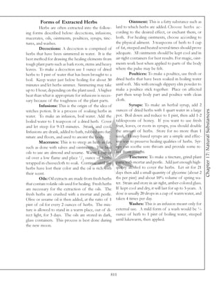 Forms of Extracted Herbs                                   Ointment: This is a fatty substance such as
         Herbs are often extracted into the follow-        lard to which herbs are added. Choose herbs ac-
ing forms described below: decoctions, infusions,          cording to the desired effect, or enchant them, or
macerates, oils, ointments, poultices, syrups, tinc-       both. For healing ointments, choose according to
tures, and washes.                                         the physical ailment. 3 teaspoons of herb to 1 cup
         Decoctions: A decoction is comprised of           of fat, steeped and heated several times should prove
herbs that have been simmered in water. It is the          adequate. All ointments should be kept cool and in
best method for drawing the healing elements from          air-tight containers for best results. For magic, oint-
tough plant parts such as bark roots, stems and heavy      ments work best when applied to parts of the body
leaves. To make a decoction use 1 ounce of dried           where the pulse may be felt.
herbs to 1 pint of water that has been brought to a                 Poultices: To make a poultice, use fresh or
boil. Keep water just below boiling for about 30           dried herbs that have been soaked in boiling water
minutes and let herbs simmer. Simmering may take           until soft. Mix with enough slippery elm powder to
up to 1 hour, depending on the plant used. A higher        make a poultice stick together. Place on affected
heat than what is appropriate for infusions is neces-      part then wrap body part and poultice with clean
sary because of the toughness of the plant parts.          cloth.
         Infusions: This is the origin of the idea of               Syrups: To make an herbal syrup, add 2
                                                           ounces of dried herbs with 1 quart water in a large




                                                                                                                      Chapter 17: Natural Substances
witches potion. It is a process of soaking herbs in
water. To make an infusion, boil water. Add the            pot. Boil down and reduce to 1 pint, then add 1-2
boiled water to 1 teaspoon of a dried herb. Cover          tablespoons of honey. If you want to use fresh
and let steep for 9-13 minutes. Strain, and cool.          fruit, leaves, or roots in syrups, you should double
Infusions are drank, added to bath, rubbed into fur-       the amount of herbs. Store for no more than 1
niture and floors, and used to anoint the body.            week. Honey-based syrups are a simple and effec-
         Macerates: This is to steep an herb in fat,       tive way to preserve healing qualities of herbs. Syr-
such as done with salves and ointments. The best           ups can soothe sore throats and provide some re-
oils to use are almond and sesame. Warm 1 cup of           lief from coughs.
oil over a low flame and place 1/2 ounce of herbs                   Tinctures: To make a tincture, grind plant
wrapped in cheesecloth to soak. Continue until the         parts with mortar and pestle. Add just enough high-
herbs have lost their color and the oil is rich with       quality alcohol to cover the herbs. Let sit for 21
their scent.                                               days then add a small quantity of glycerine (about 2
         Oils: Oil extracts are made from fresh herbs      tbs per pint) and about 10% volume of spring wa-
that contain volatile oils used for healing. Fresh herbs   ter. Strain and store in air-tight, amber-colored glass.
are necessary for the extraction of the oils. The          If kept cool and dry, it will last for up to 5 years. A
fresh herbs are crushed with a mortar and pestle.          dose is usually 20 drops in a cup of warm water, and
Olive or sesame oil is then added, at the ratio of 1       taken 4 times per day.
pint of oil for every 2 ounces of herbs. The mix-                   Washes: This is an infusion meant only for
ture is allowed to stand in a warm place, out of di-       external use. A mild form of a wash would be ¼
rect light, for 3 days. The oils are stored in dark,       ounce of herb to 1 pint of boiling water, steeped
glass containers. This process is best done during         until lukewarm, then applied.
the new moon.




                                                       811
 