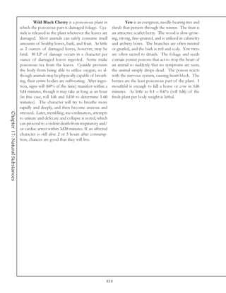 Wild Black Cherry is a poisonous plant in                Yew is an evergreen, needle-bearing tree and
                                 which the poisonous part is damaged foliage. Cya-        shrub that persists through the winter. The fruit is
                                 nide is released in the plant whenever the leaves are    an attractive scarlet berry. The wood is slow-grow-
                                 damaged. Most animals can safely consume small           ing, strong, fine-grained, and is utilized in cabinetry
                                 amounts of healthy leaves, bark, and fruit. As little    and archery bows. The branches are often twisted
                                 as 2 ounces of damaged leaves, however, may be           or gnarled, and the bark is red and scaly. Yew trees
                                 fatal. 10 LP of damage occurs in a character per         are often sacred to druids. The foliage and seeds
                                 ounce of damaged leaves ingested. Some make              contain potent poisons that act to stop the heart of
                                 poisonous tea from the leaves. Cyanide prevents          an animal so suddenly that no symptoms are seen;
                                 the body from being able to utilize oxygen, so al-       the animal simply drops dead. The poison reacts
                                 though animals may be physically capable of breath-      with the nervous system, causing heart block. The
                                 ing, their entire bodies are suffocating. After inges-   berries are the least poisonous part of the plant. 1
                                 tion, signs will (60% of the time) manifest within a     mouthful is enough to kill a horse or cow in 1d6
                                 1d4 minutes, though it may take as long as an hour       minutes. As little as 0.1 – 0.6% (roll 1d6) of the
                                 (in this case, roll 1d6 and 1d10 to determine 1-60       fresh plant per body weight is lethal.
                                 minutes). The character will try to breathe more
                                 rapidly and deeply, and then become anxious and
Chapter 17: Natural Substances




                                 stressed. Later, trembling, incoordination, attempts
                                 to urinate and defecate and collapse is noted, which
                                 can proceed to a violent death from respiratory and/
                                 or cardiac arrest within 3d20 minutes. If an affected
                                 character is still alive 2 or 3 hours after consump-
                                 tion, chances are good that they will live.




                                                                                      818
 