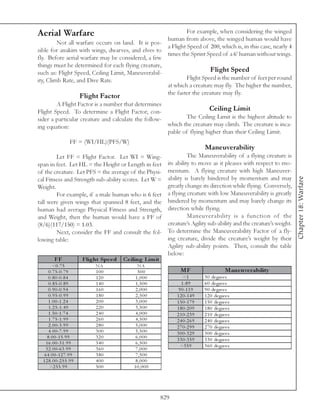 Aerial Warfare                                                             For example, when considering the winged
                                                                  human from above, the winged human would have
         Not all warfare occurs on land. It is pos-
                                                                  a Flight Speed of 200, which is, in this case, nearly 4
sible for anakim with wings, dwarves, and elves to
                                                                  times the Sprint Speed of a 6’ human without wings.
fly. Before aerial warfare may be considered, a few
things must be determined for each flying creature,
such as: Flight Speed, Ceiling Limit, Maneuverabil-                                     Flight Speed
ity, Climb Rate, and Dive Rate.                                           Flight Speed is the number of feet per round
                                                                  at which a creature may fly. The higher the number,
                                                                  the faster the creature may fly.
                             Flight Factor
        A Flight Factor is a number that determines
Flight Speed. To determine a Flight Factor, con-                       Ceiling Limit
sider a particular creature and calculate the follow-        The Ceiling Limit is the highest altitude to
ing equation:                                         which the creature may climb. The creature is inca-
                                                      pable of flying higher than their Ceiling Limit.
                      FF = (WI/HL)(PFS/W)
                                                                                     Maneuverability
        Let FF = Flight Factor. Let WI = Wing-                              The Maneuverability of a flying creature is
span in feet. Let HL = the Height or Length in feet               its ability to move as it pleases with respect to mo-
of the creature. Let PFS = the average of the Physi-              mentum. A flying creature with high Maneuver-
                                                                  ability is barely hindered by momentum and may




                                                                                                                              Chapter 18: Warfare
cal Fitness and Strength sub-ability scores. Let W =
Weight.                                                           greatly change its direction while flying. Conversely,
        For example, if a male human who is 6 feet                a flying creature with low Maneuverability is greatly
tall were given wings that spanned 8 feet, and the                hindered by momentum and may barely change its
human had average Physical Fitness and Strength,                  direction while flying.
and Weight, then the human would have a FF of                               Maneuverability is a function of the
(8/6)(117/150) = 1.03.                                            creature’s Agility sub-ability and the creature’s weight.
        Next, consider the FF and consult the fol-                To determine the Maneuverability Factor of a fly-
lowing table:                                                     ing creature, divide the creature’s weight by their
                                                                  Agility sub-ability points. Then, consult the table
                                                                  below:
          FF                 Flight Spe e d   Ce iling Lim it
         <0 . 7 5                 NA                NA
      0 . 7 5 -0 . 7 9            100               500                 MF                        Mane uve rability
     0 . 8 0 -0 . 8 4             120              1,000                  <1         3 0 de gre e s
      0 . 8 5 -0 . 8 9            140              1,500                 1 -8 9      6 0 de gre e s
     0 . 9 0 -0 . 9 4             160              2,000               9 0 -1 1 9    9 0 de gre e s
      0 . 9 5 -0 . 9 9            180              2,500              1 2 0 -1 4 9   1 2 0 de gre e s
     1 . 0 0 -1 . 2 4             200              3,000              1 5 0 -1 7 9   1 5 0 de gre e s
      1 . 2 5 -1 . 4 9            220              3,500              1 8 0 -2 0 9   1 8 0 de gre e s
     1 . 5 0 -1 . 7 4             240              4,000              2 1 0 -2 3 9   2 1 0 de gre e s
      1 . 7 5 -1 . 9 9            260              4,500              2 4 0 -2 6 9   2 4 0 de gre e s
      2 . 0 0 -3 . 9 9            280              5,000              2 7 0 -2 9 9   2 7 0 de gre e s
      4 . 0 0 -7 . 9 9            300              5,500              3 0 0 -3 2 9   3 0 0 de gre e s
     8 . 0 0 -1 5 . 9 9           320              6,000
                                                                      3 3 0 -3 5 9   3 3 0 de gre e s
    1 6 . 0 0 -3 1 . 9 9          340              6,500
                                                                        >3 5 9       3 6 0 de gre e s
    3 2 . 0 0 -6 3 . 9 9          360              7,000
   6 4 . 0 0 -1 2 7 . 9 9         380              7,500
  1 2 8 . 0 0 -2 5 5 . 9 9        400              8,000
      >2 5 5 . 9 9                500             10,000




                                                                829
 