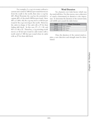 For example, if a cog is in waters without a                      Wind Duration
current and a wind of 100 feet per round that moves              No character ever truly knows which way
from the south to the north, then since a cog has        the wind will blow. For this reason, once a direction
40% Wind Potential, the cog has the potential to         of wind is determined, its duration is also impor-
capture 40% of the wind’s 100 feet per round. Since      tant. To determine the duration of the current wind,
40% of 100 is 40, the cog may move at 40 feet per        roll 1d100 and consult the table below:
round if the cog is moving to the north. However,
the sailor in charge of the sails rolls a 27 for their         Roll                  Wind D uration
                                                               0 1 -4 5    3 d2 0 mi nute s
Sailing skill check. In this case, 27 x 3 = 81, and            4 6 -9 0    1 d2 0 hours
81% of 40 is 32. Therefore, a cog traveling north             9 1 -1 0 0   1 d2 0 da y s
moves at 32 feet per round in calm waters with a
north wind of 100 feet per round when its sailor
                                                                  Once the duration of the current wind ex-
rolls an 27 for their skill ckeck.
                                                         pires, a new direction and strength must be deter-
                                                         mined.




                                                                                                                 Chapter 18: Warfare




                                                     835
 