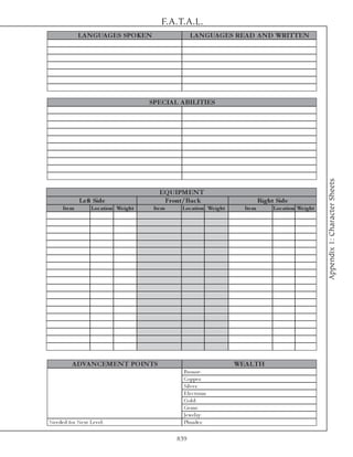 F.A.T.A.L.
               LA N GUA GES SPO KEN                       LA N GUA GES REA D A N D WRITTEN




                                           SPECIA L A BILITIES




                                                                                                            Appendix 1: Character Sheets
                                              EQ UIPMEN T
                Le ft Side                     Front/Bac k                         Right Side
       Ite m           Loc ation We ight    Ite m    Loc ation We ight     Ite m        Loc ation We ight




            A DVA N CEMEN T PO IN TS                                     WEA LTH
                                                      Bronze :
                                                      Coppe r:
                                                      Si l v e r:
                                                      E l e c tr um:
                                                      Gol d:
                                                      Ge ms:
                                                      Je we l ry :
Ne e de d for Ne xt Le v e l :                        Pl unde r:

                                                    839
 