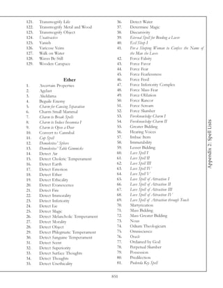 121.   Transmogrify Life                  36.   Detect Water
122.   Transmogrify Metal and Wood        37.   Determine Magic
123.   Transmogrify Object                38.   Discursivity
124.   Unattractive                       39.   Eternal Spell for Binding a Lover
125.   Vanish                             40.   Evil Sleep I
126.   Varicose Veins                     41.   For a Sleeping Woman to Confess the Name of
127.   Walk on Water                            the Man she Loves
128.   Waves Be Still                     42.   Force Falsity
129.   Wooden Carapace                    43.   Force Favor
                                          44.   Force Fear
                                          45.   Force Fearlessness
                   Ether                  46.   Force Feed
1.     Ascertain Properties               47.   Force Inferiority Complex
2.     Agelast                            48.   Force Mass Fear
3.     Akeldama                           49.   Force Oblation
4.     Beguile Enemy                      50.   Force Rancor
5.     Charm for Causing Separation       51.   Force Scream
6.     Charm Small Mammal                 52.   Force Slumber
7.     Charm to Break Spells              53.   Foreknowledge Charm I




                                                                                              Appendix 2: Spell Lists
8.     Charm to Induce Insomnia I         54.   Foreknowledge Charm II
9.     Charm to Open a Door               55.   Greater Bidding
10.    Convert to Cannibal                56.   Hearing Voices
11.    Cup Spell                          57.   Imbue Item
12.    Demokritos’ Sphere                 58.   Immutability
13.    Demokritos’ Table Gimmicks         59.   Lesser Bidding
14.    Detect Air                         60.   Love Spell I
15.    Detect Choleric Temperament        61.   Love Spell II
16.    Detect Earth                       62.   Love Spell III
17.    Detect Emotion                     63.   Love Spell IV
18.    Detect Ether                       64.   Love Spell V
19.    Detect Ethicality                  65.   Love Spell of Attraction I
20.    Detect Evanescence                 66.   Love Spell of Attraction II
21.    Detect Fire                        67.   Love Spell of Attraction III
22.    Detect Immorality                  68.   Love Spell of Attraction IV
23.    Detect Inferiority                 69.   Love Spell of Attraction through Touch
24.    Detect Lie                         70.   Martyrization
25.    Detect Magic                       71.   Mass Bidding
26.    Detect Melancholic Temperament     72.   Mass Greater Bidding
27.    Detect Morality                    73.   Nous
28.    Detect Object                      74.   Odium Theologicum
29.    Detect Phlegmatic Temperament      75.   Omniscience
30.    Detect Sanguine Temperament        76.   Oracle
31.    Detect Scent                       77.   Ordained by God
32.    Detect Superiority                 78.   Perpetual Slumber
33.    Detect Surface Thoughts            79.   Possession
34.    Detect Thoughts                    80.   Predilection
35.    Detect Unethicality                81.   Pudenda Key Spell


                                        851
 
