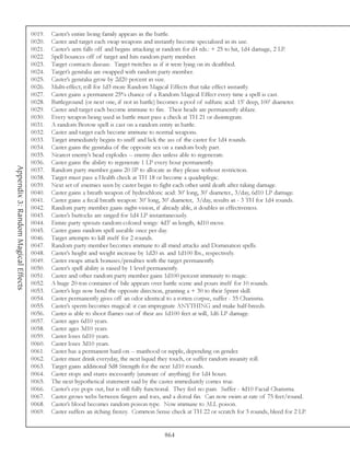 0019.   Caster’s entire living family appears in the battle.
                                     0020.   Caster and target each swap weapons and instantly become specialized in its use.
                                     0021.   Caster’s arm falls off and begins attacking at random for d4 rds.: + 25 to hit, 1d4 damage, 2 LP.
                                     0022.   Spell bounces off of target and hits random party member.
                                     0023.   Target contracts disease. Target twitches as if it were lying on its deathbed.
                                     0024.   Target’s genitalia are swapped with random party member.
                                     0025.   Caster’s genitalia grow by 2d20 percent in size.
                                     0026.   Multi-effect; roll for 1d3 more Random Magical Effects that take effect instantly.
                                     0027.   Caster gains a permanent 25% chance of a Random Magical Effect every time a spell is cast.
                                     0028.   Battleground (or next one, if not in battle) becomes a pool of sulfuric acid: 15’ deep, 100’ diameter.
                                     0029.   Caster and target each become immune to fire. Their heads are permanently ablaze.
                                     0030.   Every weapon being used in battle must pass a check at TH 21 or disintegrate.
                                     0031.   A random Bestow spell is cast on a random entity in battle.
                                     0032.   Caster and target each become immune to normal weapons.
                                     0033.   Target immediately begins to sniff and lick the ass of the caster for 1d4 rounds.
                                     0034.   Caster gains the genitalia of the opposite sex on a random body part.
                                     0035.   Nearest enemy’s head explodes -- enemy dies unless able to regenerate.
                                     0036.   Caster gains the ability to regenerate 1 LP every hour permanently.
Appendix 3: Random Magical Effects




                                     0037.   Random party member gains 20 SP to allocate as they please without restriction.
                                     0038.   Target must pass a Health check at TH 18 or become a quadriplegic.
                                     0039.   Next set of enemies seen by caster begin to fight each other until death after taking damage.
                                     0040.   Caster gains a breath weapon of hydrochloric acid: 30’ long, 30’ diameter., 3/day, 6d10 LP damage.
                                     0041.   Caster gains a fecal breath weapon: 30’ long, 30’ diameter, 3/day, results in - 3 TH for 1d4 rounds.
                                     0042.   Random party member gains night-vision, if already able, it doubles in effectiveness.
                                     0043.   Caster’s buttocks are singed for 1d4 LP instantaneously.
                                     0044.   Entire party sprouts random-colored wings: 4d3’ in length, 4d10 move.
                                     0045.   Caster gains random spell useable once per day.
                                     0046.   Target attempts to kill itself for 2 rounds.
                                     0047.   Random party member becomes immune to all mind attacks and Domination spells.
                                     0048.   Caster’s height and weight increase by 1d20 in. and 1d100 lbs., respectively.
                                     0049.   Caster swaps attack bonuses/penalties with the target permanently.
                                     0050.   Caster’s spell ability is raised by 1 level permanently.
                                     0051.   Caster and other random party member gains 1d100 percent immunity to magic.
                                     0052.   A huge 20-ton container of bile appears over battle scene and pours itself for 10 rounds.
                                     0053.   Caster’s legs now bend the opposite direction, granting a + 30 to their Sprint skill.
                                     0054.   Caster permanently gives off an odor identical to a rotten corpse, suffer - 35 Charisma.
                                     0055.   Caster’s sperm becomes magical: it can impregnate ANYTHING and make half-breeds.
                                     0056.   Caster is able to shoot flames out of their ass 1d100 feet at will, 1d6 LP damage.
                                     0057.   Caster ages 6d10 years.
                                     0058.   Caster ages 3d10 years.
                                     0059.   Caster loses 6d10 years.
                                     0060.   Caster loses 3d10 years.
                                     0061.   Caster has a permanent hard-on -- manhood or nipple, depending on gender.
                                     0062.   Caster must drink everyday, the next liquid they touch, or suffer random insanity roll.
                                     0063.   Target gains additional 5d8 Strength for the next 1d10 rounds.
                                     0064.   Caster stops and stares incessantly (unaware of anything) for 1d4 hours.
                                     0065.   The next hypothetical statement said by the caster immediately comes true.
                                     0066.   Caster’s eye pops out, but is still fully functional. They feel no pain. Suffer - 4d10 Facial Charisma.
                                     0067.   Caster grows webs between fingers and toes, and a dorsal fin. Can now swim at rate of 75 feet/round.
                                     0068.   Caster’s blood becomes random poison type. Now immune to ALL poison.
                                     0069.   Caster suffers an itching frenzy. Common Sense check at TH 22 or scratch for 3 rounds, bleed for 2 LP.


                                                                                          864
 