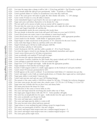0223.   Next time the target takes a dump, it will be (1d6 + 2) feet long and [4d4 + 2(p/2)] inches in girth.
                                     0224.   Caster’s breath smells like akki-poo-poo permanently. Suffer - 35 penalty to Charisma.
                                     0225.   Caster’s gasshole dilates to 9 inches in circumference every time they smell rain.
                                     0226.   1 arm of the caster grows 1d6 inches in girth, the other shrinks 1d6 inches. +/- 20% damage.
                                     0227.   Caster vomits 96 times in a row, all within 2 minutes.
                                     0228.   Caster immediately begins to give head to the next axe in sight (even if in battle).
                                     0229.   Target and caster each believe themselves to be divinity for 1 day.
                                     0230.   The next spell cast by anyone in battle (even an enemy) will be targeted on caster.
                                     0231.   The next time the caster eats in a bar, they fart, burp, puke, and cough, all at the same time.
                                     0232.   Caster’s and Target’s head falls off and they die.
                                     0233.   Caster immediately attacks the next commoner who insults them.
                                     0234.   The next female at whom the caster looks will queef 6d12 times in a row (and LOUDLY).
                                     0235.   Caster’s blood turns into water; caster is now immune to water-based attacks.
                                     0236.   Caster’s blood turns into ale; caster is now permanently intoxicated -- suffer appropriate penalties.
                                     0237.   Caster’s hands lose the thumbs. Aedile thinks of appropriate penalty.
                                     0238.   Target begins to make sexual noises in the presence of 10+ characters for the next 2 weeks.
                                     0239.   Caster sticks their finger in their ass, and then sniffs it for 2d4 rounds.
                                     0240.   Target’s buttocks grow 1d4 feet in width and gains 4d20 lbs.
Appendix 3: Random Magical Effects




                                     0241.   Caster develops a phobia of old wenches.
                                     0242.   Caster’s head grows 2d10 lbs. and they suffer a penalty of - 20 to Facial Charisma.
                                     0243.   Next time the target is struck for any damage, they immediately masturbate until orgasm.
                                     0244.   Caster’s testes/clitoris grow by 1d3 times in proportion.
                                     0245.   Caster accidentally casts random 5th level spell on target.
                                     0246.   Caster becomes the opposite disposition and gender.
                                     0247.   Caster acquires Tourettes Syndrome for 2d6 rounds; they spasm violently and NO attack is allowed.
                                     0248.   Caster attempts to pinch the buttocks of the next animal in sight.
                                     0249.   Target loses 1/3rd of height and weight. Aedile decides the appropriate penalties.
                                     0250.   Target attempts to butt-slam the next being in sight.
                                     0251.   Scratch n’ Sniff magical symbol of a smelly vagina appears on the forehead of each party member.
                                     0252.   Caster’s attack TH increases permanently by 1d10.
                                     0253.   Eyeball appears on the caster’s cockhead. It can determine truth/falsity of 1 statement once per day.
                                     0254.   Caster’s and target’s cock n’ balls are turned upside-down, or if female, their vagina and ass switch places.
                                     0255.   Target gains ability to read minds 3 times per day.
                                     0256.   Caster’s nails turn into steel and can cause 1d3 Hacking damage.
                                     0257.   The nutsack of the caster swells to 10d1000 in volume for 3d3 days. If female, her eyebrows disappear.
                                     0258.   Next time caster poops, the turd comes alive, attacks caster: +21 TH, for 1 LP B dmg, CA 13, & 3 LP.
                                     0259.   Target turns into a female who has an obese torso and skinny limbs.
                                     0260.   The entire party knows the future for 2 days.
                                     0261.   The defecation of the caster is forever white in color.
                                     0262.   The caster and target attack the next being who insults either one of them.
                                     0263.   The target gains magical silence with only TH 13. Armor penalties still apply.
                                     0264.   The caster has an inexplicable love for ogres. Aedile decides how the ogres are loved.
                                     0265.   The caster accidentally casts Recipe for Death.
                                     0266.   The caster and target gain a random skill.
                                     0267.   The caster and target gain the ability to vomit at will.
                                     0268.   The caster becomes more ethical and more immoral.
                                     0269.   Target refuses to wear anything but pink clothing, except for magical items.
                                     0270.   The caster can transmogrify at will for 1 day into a dragon.
                                     0271.   The caster’s and target’s main weapon turns into a random magical weapon + 5.
                                     0272.   The caster’s and target’s main weapon turns into a random magical weapon + 10.
                                     0273.   The caster gains perfect night vision.


                                                                                             868
 