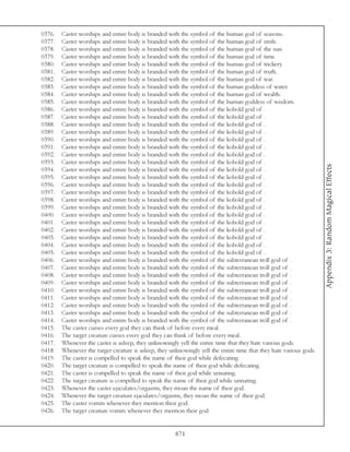 0376.   Caster worships and entire body is branded with the symbol of the human god of seasons.
0377.   Caster worships and entire body is branded with the symbol of the human god of strife.
0378.   Caster worships and entire body is branded with the symbol of the human god of the sun.
0379.   Caster worships and entire body is branded with the symbol of the human god of time.
0380.   Caster worships and entire body is branded with the symbol of the human god of trickery.
0381.   Caster worships and entire body is branded with the symbol of the human god of truth.
0382.   Caster worships and entire body is branded with the symbol of the human god of war.
0383.   Caster worships and entire body is branded with the symbol of the human goddess of water.
0384.   Caster worships and entire body is branded with the symbol of the human god of wealth.
0385.   Caster worships and entire body is branded with the symbol of the human goddess of wisdom.
0386.   Caster worships and entire body is branded with the symbol of the kobold god of .
0387.   Caster worships and entire body is branded with the symbol of the kobold god of .
0388.   Caster worships and entire body is branded with the symbol of the kobold god of .
0389.   Caster worships and entire body is branded with the symbol of the kobold god of .
0390.   Caster worships and entire body is branded with the symbol of the kobold god of .
0391.   Caster worships and entire body is branded with the symbol of the kobold god of .
0392.   Caster worships and entire body is branded with the symbol of the kobold god of .
0393.   Caster worships and entire body is branded with the symbol of the kobold god of .




                                                                                                                     Appendix 3: Random Magical Effects
0394.   Caster worships and entire body is branded with the symbol of the kobold god of .
0395.   Caster worships and entire body is branded with the symbol of the kobold god of .
0396.   Caster worships and entire body is branded with the symbol of the kobold god of .
0397.   Caster worships and entire body is branded with the symbol of the kobold god of .
0398.   Caster worships and entire body is branded with the symbol of the kobold god of .
0399.   Caster worships and entire body is branded with the symbol of the kobold god of .
0400.   Caster worships and entire body is branded with the symbol of the kobold god of .
0401.   Caster worships and entire body is branded with the symbol of the kobold god of .
0402.   Caster worships and entire body is branded with the symbol of the kobold god of .
0403.   Caster worships and entire body is branded with the symbol of the kobold god of .
0404.   Caster worships and entire body is branded with the symbol of the kobold god of .
0405.   Caster worships and entire body is branded with the symbol of the kobold god of .
0406.   Caster worships and entire body is branded with the symbol of the subterranean troll god of .
0407.   Caster worships and entire body is branded with the symbol of the subterranean troll god of .
0408.   Caster worships and entire body is branded with the symbol of the subterranean troll god of .
0409.   Caster worships and entire body is branded with the symbol of the subterranean troll god of .
0410.   Caster worships and entire body is branded with the symbol of the subterranean troll god of .
0411.   Caster worships and entire body is branded with the symbol of the subterranean troll god of .
0412.   Caster worships and entire body is branded with the symbol of the subterranean troll god of .
0413.   Caster worships and entire body is branded with the symbol of the subterranean troll god of .
0414.   Caster worships and entire body is branded with the symbol of the subterranean troll god of .
0415.   The caster curses every god they can think of before every meal.
0416.   The target creature curses every god they can think of before every meal.
0417.   Whenever the caster is asleep, they unknowingly yell the entire time that they hate various gods.
0418.   Whenever the target creature is asleep, they unknowingly yell the entire time that they hate various gods.
0419.   The caster is compelled to speak the name of their god while defecating.
0420.   The target creature is compelled to speak the name of their god while defecating.
0421.   The caster is compelled to speak the name of their god while urinating.
0422.   The target creature is compelled to speak the name of their god while urinating.
0423.   Whenever the caster ejaculates/orgasms, they moan the name of their god.
0424.   Whenever the target creature ejaculates/orgasms, they moan the name of their god.
0425.   The caster vomits whenever they mention their god.
0426.   The target creature vomits whenever they mention their god.


                                                       871
 