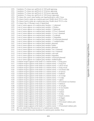 1090.   Cumulative 1% chance per spell level of 1000 gold appearing.
1091.   Cumulative 1% chance per spell level of 10 bronze appearing.
1092.   Cumulative 1% chance per spell level of 100 bronze appearing.
1093.   Cumulative 1% chance per spell level of 1000 bronze appearing.
1094.   5% chance the caster’s urine hardens into liquid gold pieces after 1 hour.
1095.   5% chance/week to puke-up a random gem; pass Health check TH 21 or die.
1096.   3% chance/week to puke-up a random gem; pass Health check TH 21 or die.
1097.   1% chance/day of blowing a wad of liquid pearl.
1098.   A suit of armor appears on a random party member: + 1 platemail.
1099.   A suit of armor appears on a random party member: +2 leather.
1100.   A suit of armor appears on a random party member: +3 platemail.
1101.   A suit of armor appears on a random party member: +2 4-in-1 chainmail.
1102.   A suit of armor appears on a random party member: +1 6-in-1 chainmail.
1103.   A suit of armor appears on a random party member: +2 scalemail.
1104.   A suit of armor appears on a random party member: +1 brigandine.
1105.   A suit of armor appears on a random party member: +2 ceremonial platemail.
1106.   A suit of armor appears on a random party member: +1 studded leather.
1107.   A suit of armor appears on a random party member: platemail.




                                                                                                 Appendix 3: Random Magical Effects
1108.   A suit of armor appears on a random party member: leather.
1109.   A suit of armor appears on a random party member: platemail.
1110.   A suit of armor appears on a random party member: 4-in-1 chainmail.
1111.   A suit of armor appears on a random party member: 6-in-1 chainmail.
1112.   A suit of armor appears on a random party member: scale mail.
1113.   A suit of armor appears on a random party member: brigandine.
1114.   A suit of armor appears on a random party member: ceremonial platemail.
1115.   A suit of armor appears on a random party member: studded leather.
1116.   A random weapon appears in the hands of a random enemy: + 5 long spear.
1117.   A random weapon appears in the hands of a random enemy: + 5 long bow.
1118.   A random weapon appears in the hands of a random enemy: + 5 short sword.
1119.   A random weapon appears in the hands of a random enemy: + 5 long sword.
1120.   A random weapon appears in the hands of a random enemy: + 5 footman’s flail.
1121.   A random weapon appears in the hands of a random enemy: + 10 ranseur.
1122.   A random weapon appears in the hands of a random enemy: + 5 halberd.
1123.   A random weapon appears in the hands of a random enemy: + 10 scourge.
1124.   A random weapon appears in the hands of a random enemy: + 5 voulge.
1125.   A random weapon appears in the hands of a random enemy: + 5 glaive.
1126.   A random weapon appears in the hands of a random enemy: + 10 footman’s war hammer.
1127.   A random weapon appears in the hands of a random enemy: + 5 falchion.
1128.   A random weapon appears in the hands of a random enemy: + 15 awl pike.
1129.   A random weapon appears in the hands of a random enemy: + 10 zwei-hander.
1130.   A random weapon appears in the hands of a random enemy: + 15 maul.
1131.   A random weapon appears in the hands of a random enemy: + 5 trident.
1132.   A random weapon appears in the hands of a random enemy: + 10 whip.
1133.   A random weapon appears in the hands of a random enemy: + 5 hand crossbow.
1134.   A random weapon appears in the hands of a random enemy: + 10 dagger.
1135.   A random weapon appears in the hands of a random enemy: + 5 bipennis.
1136.   A random weapon appears in the hands of a random enemy: + 15 footman’s military pick.
1137.   A random weapon appears in the hands of a random enemy: + 5 sling.
1138.   A random weapon appears in the hands of a random enemy: + 10 horseman’s military pick.
1139.   All coins vanish from the possession of a random party member.
1140.   This trained animal becomes henchman for random party member: Boar.


                                                   885
 