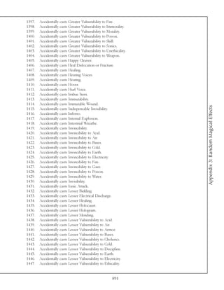 1397.   Accidentally casts Greater Vulnerability to Fire.
1398.   Accidentally casts Greater Vulnerability to Immorality.
1399.   Accidentally casts Greater Vulnerability to Morality.
1400.   Accidentally casts Greater Vulnerability to Poison.
1401.   Accidentally casts Greater Vulnerability to Skill.
1402.   Accidentally casts Greater Vulnerability to Sonics.
1403.   Accidentally casts Greater Vulnerability to Unethicality.
1404.   Accidentally casts Greater Vulnerability to Weapon.
1405.   Accidentally casts Happy Cleaver.
1406.   Accidentally casts Heal Dislocation or Fracture.
1407.   Accidentally casts Healing.
1408.   Accidentally casts Hearing Voices.
1409.   Accidentally casts Heating.
1410.   Accidentally casts Hover.
1411.   Accidentally casts Hurl Voice.
1412.   Accidentally casts Imbue Item.
1413.   Accidentally casts Immutability.
1414.   Accidentally casts Immutable Wound.




                                                                    Appendix 3: Random Magical Effects
1415.   Accidentally casts Indispensable Invisibility.
1416.   Accidentally casts Inferno.
1417.   Accidentally casts Internal Explosion.
1418.   Accidentally casts Intestinal Wreathe.
1419.   Accidentally casts Invincibility.
1420.   Accidentally casts Invincibility to Acid.
1421.   Accidentally casts Invincibility to Air.
1422.   Accidentally casts Invincibility to Bases.
1423.   Accidentally casts Invincibility to Cold.
1424.   Accidentally casts Invincibility to Earth.
1425.   Accidentally casts Invincibility to Electricity.
1426.   Accidentally casts Invincibility to Fire.
1427.   Accidentally casts Invincibility to Gaze.
1428.   Accidentally casts Invincibility to Poison.
1429.   Accidentally casts Invincibility to Water.
1430.   Accidentally casts Invisibility.
1431.   Accidentally casts Ionic Attack.
1432.   Accidentally casts Lesser Bidding.
1433.   Accidentally casts Lesser Electrical Discharge.
1434.   Accidentally casts Lesser Healing.
1435.   Accidentally casts Lesser Holocaust.
1436.   Accidentally casts Lesser Hologram.
1437.   Accidentally casts Lesser Mending.
1438.   Accidentally casts Lesser Vulnerability to Acid.
1439.   Accidentally casts Lesser Vulnerability to Air.
1440.   Accidentally casts Lesser Vulnerability to Armor.
1441.   Accidentally casts Lesser Vulnerability to Bases.
1442.   Accidentally casts Lesser Vulnerability to Cholerics.
1443.   Accidentally casts Lesser Vulnerability to Cold.
1444.   Accidentally casts Lesser Vulnerability to Discipline.
1445.   Accidentally casts Lesser Vulnerability to Earth.
1446.   Accidentally casts Lesser Vulnerability to Electricity.
1447.   Accidentally casts Lesser Vulnerability to Ethicality.


                                                        891
 