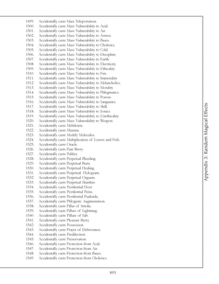 1499.   Accidentally casts Mass Teleportation.
1500.   Accidentally casts Mass Vulnerability to Acid.
1501.   Accidentally casts Mass Vulnerability to Air.
1502.   Accidentally casts Mass Vulnerability to Armor.
1503.   Accidentally casts Mass Vulnerability to Bases.
1504.   Accidentally casts Mass Vulnerability to Cholerics.
1505.   Accidentally casts Mass Vulnerability to Cold.
1506.   Accidentally casts Mass Vulnerability to Discipline.
1507.   Accidentally casts Mass Vulnerability to Earth.
1508.   Accidentally casts Mass Vulnerability to Electricity.
1509.   Accidentally casts Mass Vulnerability to Ethicality.
1510.   Accidentally casts Mass Vulnerability to Fire.
1511.   Accidentally casts Mass Vulnerability to Immorality.
1512.   Accidentally casts Mass Vulnerability to Melancholics.
1513.   Accidentally casts Mass Vulnerability to Morality.
1514.   Accidentally casts Mass Vulnerability to Phlegmatics.
1515.   Accidentally casts Mass Vulnerability to Poison.
1516.   Accidentally casts Mass Vulnerability to Sanguines.




                                                                 Appendix 3: Random Magical Effects
1517.   Accidentally casts Mass Vulnerability to Skill.
1518.   Accidentally casts Mass Vulnerability to Sonics.
1519.   Accidentally casts Mass Vulnerability to Unethicality.
1520.   Accidentally casts Mass Vulnerability to Weapon.
1521.   Accidentally casts Meltdown.
1522.   Accidentally casts Miasma.
1523.   Accidentally casts Modify Molecules.
1524.   Accidentally casts Multiplication of Loaves and Fish.
1525.   Accidentally casts Oracle.
1526.   Accidentally casts Pain Berry.
1527.   Accidentally casts Palfrey.
1528.   Accidentally casts Perpetual Bleeding.
1529.   Accidentally casts Perpetual Burn.
1530.   Accidentally casts Perpetual Healing.
1531.   Accidentally casts Perpetual Hologram.
1532.   Accidentally casts Perpetual Orgasm.
1533.   Accidentally casts Perpetual Slumber.
1534.   Accidentally casts Pestilential Host.
1535.   Accidentally casts Pestilential Penis.
1536.   Accidentally casts Pestilential Pudenda.
1537.   Accidentally casts Phlogistic Augmentation.
1538.   Accidentally casts Pillar of Smoke.
1539.   Accidentally casts Pillars of Lightning.
1540.   Accidentally casts Pillars of Salt.
1541.   Accidentally casts Pleasure Berry.
1542.   Accidentally casts Possession.
1543.   Accidentally casts Prayer of Deliverance.
1544.   Accidentally casts Predilection.
1545.   Accidentally casts Preservation.
1546.   Accidentally casts Protection from Acid.
1547.   Accidentally casts Protection from Air.
1548.   Accidentally casts Protection from Bases.
1549.   Accidentally casts Protection from Cholerics.


                                                      893
 
