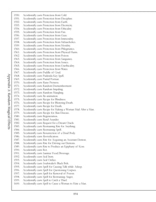 1550.   Accidentally casts Protection from Cold.
                                     1551.   Accidentally casts Protection from Discipline.
                                     1552.   Accidentally casts Protection from Earth.
                                     1553.   Accidentally casts Protection from Electricity.
                                     1554.   Accidentally casts Protection from Ethicality
                                     1555.   Accidentally casts Protection from Fire.
                                     1556.   Accidentally casts Protection from Gaze.
                                     1557.   Accidentally casts Protection from Immorality.
                                     1558.   Accidentally casts Protection from Melancholics.
                                     1559.   Accidentally casts Protection from Morality.
                                     1560.   Accidentally casts Protection from Phlegmatics.
                                     1561.   Accidentally casts Protection from Physical Harm.
                                     1562.   Accidentally casts Protection from Poison.
                                     1563.   Accidentally casts Protection from Sanguines.
                                     1564.   Accidentally casts Protection from Sonics.
                                     1565.   Accidentally casts Protection from Unethicality.
                                     1566.   Accidentally casts Protection from Water.
                                     1567.   Accidentally casts Puddle of Crud.
Appendix 3: Random Magical Effects




                                     1568.   Accidentally casts Pudenda Key Spell.
                                     1569.   Accidentally casts Putrid Portrait.
                                     1570.   Accidentally casts Raise Prowess.
                                     1571.   Accidentally casts Random Dismemberment.
                                     1572.   Accidentally casts Random Impaling.
                                     1573.   Accidentally casts Random Mangling.
                                     1574.   Accidentally casts Re-animation.
                                     1575.   Accidentally casts Recipe for Blindness.
                                     1576.   Accidentally casts Recipe for Blistering Death.
                                     1577.   Accidentally casts Recipe for Death.
                                     1578.   Accidentally casts Recipe for Making a Woman Mad After a Man.
                                     1579.   Accidentally casts Recipe for Skin Disease.
                                     1580.   Accidentally casts Regeneration.
                                     1581.   Accidentally casts Rend Asunder.
                                     1582.   Accidentally casts Request for a Dream Oracle.
                                     1583.   Accidentally casts Restraining Rite for Anything.
                                     1584.   Accidentally casts Restraining Spell.
                                     1585.   Accidentally casts Resurrection of a Dead Body.
                                     1586.   Accidentally casts Revivification.
                                     1587.   Accidentally casts Rite for Acquiring an Assistant Demon.
                                     1588.   Accidentally casts Rite for Driving out Demons.
                                     1589.   Accidentally casts Rite to Produce an Epiphany of Kore.
                                     1590.   Accidentally casts Rot.
                                     1591.   Accidentally casts Sanitize Food/Beverage.
                                     1592.   Accidentally casts Seal Item.
                                     1593.   Accidentally casts Seal Orifice.
                                     1594.   Accidentally casts Soulstealer’s Black Bolt.
                                     1595.   Accidentally casts Spell for Causing Talk while Asleep.
                                     1596.   Accidentally casts Spell for Questioning Corpses.
                                     1597.   Accidentally casts Spell for Removal of Poison.
                                     1598.   Accidentally casts Spell for Restraining Anger.
                                     1599.   Accidentally casts Spell to Catch a Thief.
                                     1600.   Accidentally casts Spell to Cause a Woman to Hate a Man.


                                                                                        894
 
