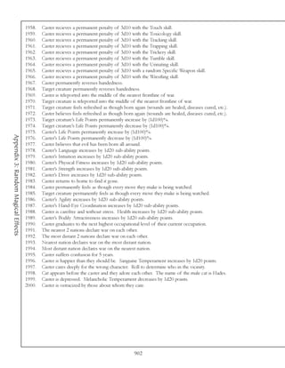 1958.   Caster recieves a permanent penalty of 3d10 with the Touch skill.
                                     1959.   Caster recieves a permanent penalty of 3d10 with the Toxicology skill.
                                     1960.   Caster recieves a permanent penalty of 3d10 with the Tracking skill.
                                     1961.   Caster recieves a permanent penalty of 3d10 with the Trapping skill.
                                     1962.   Caster recieves a permanent penalty of 3d10 with the Trickery skill.
                                     1963.   Caster recieves a permanent penalty of 3d10 with the Tumble skill.
                                     1964.   Caster recieves a permanent penalty of 3d10 with the Urinating skill.
                                     1965.   Caster recieves a permanent penalty of 3d10 with a random Specific Weapon skill.
                                     1966.   Caster recieves a permanent penalty of 3d10 with the Wrestling skill.
                                     1967.   Caster permanently reverses handedness.
                                     1968.   Target creature permanently reverses handedness.
                                     1969.   Caster is teleported into the middle of the nearest frontline of war.
                                     1970.   Target creature is teleported into the middle of the nearest frontline of war.
                                     1971.   Target creature feels refreshed as though born again (wounds are healed, diseases cured, etc.).
                                     1972.   Caster believes feels refreshed as though born again (wounds are healed, diseases cured, etc.).
                                     1973.   Target creature’s Life Points permanently increase by (1d100)%.
                                     1974.   Target creature’s Life Points permanently decrease by (1d100)%.
                                     1975.   Caster’s Life Points permanently increase by (1d100)%.
Appendix 3: Random Magical Effects




                                     1976.   Caster’s Life Points permanently decrease by (1d100)%.
                                     1977.   Caster believes that evil has been born all around.
                                     1978.   Caster’s Language increases by 1d20 sub-ability points.
                                     1979.   Caster’s Intuition increases by 1d20 sub-ability points.
                                     1980.   Caster’s Physical Fitness increases by 1d20 sub-ability points.
                                     1981.   Caster’s Strength increases by 1d20 sub-ability points.
                                     1982.   Caster’s Drive increases by 1d20 sub-ability points.
                                     1983.   Caster returns to home to find it gone.
                                     1984.   Caster permanently feels as though every move they make is being watched.
                                     1985.   Target creature permanently feels as though every move they make is being watched.
                                     1986.   Caster’s Agility increases by 1d20 sub-ability points.
                                     1987.   Caster’s Hand-Eye Coordination increases by 1d20 sub-ability points.
                                     1988.   Caster is carefree and without stress. Health increases by 1d20 sub-ability points.
                                     1989.   Caster’s Bodily Attractiveness increases by 1d20 sub-ability points.
                                     1990.   Caster graduates to the next highest occupational level of their current occupation.
                                     1991.   The nearest 2 nations declare war on each other.
                                     1992.   The most distant 2 nations declare war on each other.
                                     1993.   Nearest nation declares war on the most distant nation.
                                     1994.   Most distant nation declares war on the nearest nation.
                                     1995.   Caster suffers confusion for 5 years.
                                     1996.   Caster is happier than they should be. Sanguine Temperament increases by 1d20 points.
                                     1997.   Caster cares deeply for the wrong character. Roll to determine who in the vicinity.
                                     1998.   Cat appears before the caster and they adore each other. The name of the male cat is Hades.
                                     1999.   Caster is depressed. Melancholic Temperament decreases by 1d20 points.
                                     2000.   Caster is ostracized by those about whom they care.




                                                                                            902
 