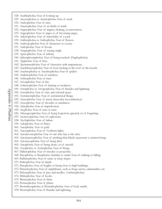 028. Anablephobia: Fear of looking up.
                      029. Ancraophobia or Anemophobia: Fear of wind.
                      030. Androphobia: Fear of men.
                      031. Anemophobia: Fear of air drafts or wind.
                      032. Anginophobia: Fear of angina, choking, or narrowness.
                      033. Angrophobia: Fear of anger or of becoming angry.
                      034. Ankylophobia: Fear of immobility of a joint.
                      035. Anthrophobia or Anthophobia: Fear of flowers.
                      036. Anthropophobia: Fear of characters or society.
                      037. Antlophobia: Fear of floods.
                      038. Anuptaphobia: Fear of staying single.
                      039. Apeirophobia: Fear of infinity.
                      040. Aphenphosmphobia: Fear of being touched. (Haphephobia)
                      041. Apiphobia: Fear of bees.
                      042. Apotemnophobia: Fear of characters with amputations.
                      043. Arachibutyrophobia: Fear of food sticking to the roof of the mouth.
                      044. Arachnephobia or Arachnophobia: Fear of spiders.
                      045. Arithmophobia: Fear of numbers.
                      046. Arrhenphobia: Fear of men.
                      047. Arsonphobia: Fear of fire.
                      048. Asthenophobia: Fear of fainting or weakness.
                      049. Astraphobia or Astrapophobia: Fear of thunder and lightning.
Appendix 4: Phobias




                      050. Astrophobia: Fear of stars and celestial space.
                      051. Asymmetriphobia: Fear of asymmetrical things.
                      052. Ataxiophobia: Fear of ataxia (muscular incoordination)
                      053. Ataxophobia: Fear of disorder or untidiness.
                      054. Atelophobia: Fear of imperfection.
                      055. Atephobia: Fear of ruin or ruins.
                      056. Athazagoraphobia: Fear of being forgotton, ignored, or of forgetting.
                      057. Atomosophobia: Fear of explosions.
                      058. Atychiphobia: Fear of failure.
                      059. Aulophobia: Fear of flutes.
                      060. Aurophobia: Fear of gold.
                      061. Auroraphobia: Fear of Northern lights.
                      062. Autodysomophobia: Fear of one who has a vile odor.
                      063. Automatonophobia: Fear of anything that falsely represents a sentient being.
                      064. Automysophobia: Fear of being dirty.
                      065. Autophobia: Fear of being alone, or of oneself.
                      066. Aviophobia or Aviatophobia: Fear of flying.
                      067. Ballistophobia: Fear of missiles or projectiles.
                      068. Basophobia or Basiphobia: Inability to stand. Fear of walking or falling.
                      069. Bathmophobia: Fear of stairs or steep slopes.
                      070. Bathophobia: Fear of depth.
                      071. Batophobia: Fear of heights or being close to high buildings.
                      072. Batrachophobia: Fear of amphibians, such as frogs, newts, salamanders, etc.
                      073. Belonephobia: Fear of pins and needles. (Aichmophobia)
                      074. Bibliophobia: Fear of books.
                      075. Blennophobia: Fear of slime.
                      076. Botanophobia: Fear of plants.
                      077. Bromidrosiphobia or Bromidrophobia: Fear of body smells.
                      078. Brontophobia: Fear of thunder and lightning.


                                                                            904
 