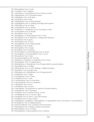 079. Bufonophobia: Fear of toads.
080. Cacophobia: Fear of ugliness.
081. Cainophobia or Cainotophobia: Fear of newness, novelty.
082. Caligynephobia: Fear of beautiful women.
083. Cardiophobia: Fear of the heart.
084. Carnophobia: Fear of meat.
085. Catagelophobia: Fear of being ridiculed.
086. Catapedaphobia: Fear of jumping from high and low places.
087. Cathisophobia: Fear of sitting.
088. Catoptrophobia: Fear of mirrors.
089. Cenophobia or Centophobia: Fear of new things or ideas.
090. Ceraunophobia: Fear of thunder.
091. Chaetophobia: Fear of hair.
092. Cheimaphobia or Cheimatophobia: Fear of cold.
093. Chemophobia: Fear of chemicals or working with chemicals.
094. Cherophobia: Fear of gaiety.
095. Chionophobia: Fear of snow.
096. Chiraptophobia: Fear of being touched.
097. Chirophobia: Fear of hands.
098. Cholerophobia: Fear of anger.
099. Chorophobia: Fear of dancing.
100. Chrometophobia or Chrematophobia: Fear of money.




                                                                                                              Appendix 4: Phobias
101. Chromophobia or Chromatophobia: Fear of colors.
102. Chronophobia: Fear of time.
103. Chronomentrophobia: Fear of clocks.
104. Cibophobia or Sitophobia or Sitiophobia: Fear of food.
105. Claustrophobia: Fear of confined spaces.
106. Cleithrophobia or Cleisiophobia: Fear of being locked in an enclosed place.
107. Cleptophobia:Fear of stealing.
108. Climacophobia: Fear of stairs, climbing, or falling downstairs.
109. Clinophobia: Fear of going to bed.
110. Clithrophobia or Cleithrophobia: Fear of being enclosed.
111. Cnidophobia: Fear of stings.
112. Cometophobia: Fear of comets.
113. Coitophobia: Fear of coitus.
114. Contreltophobia: Fear of sexual abuse.
115. Coprastasophobia: Fear of constipation.
116. Coprophobia: Fear of feces.
117. Coulrophobia: Fear of jesters.
118. Counterphobia: The preference by a phobic for fearful situations.
119. Cremnophobia: Fear of precipices.
120. Cryophobia: Fear of extreme cold, ice, or frost.
121. Crystallophobia: Fear of crystals or glass.
122. Cymophobia: Fear of waves or wave-like motions.
123. Cynophobia: Fear of dogs or rabies.
124. Cypridophobia, Cypriphobia, Cyprianophobia, or Cyprinophobia: Fear of prostitutes or venereal disease.
125. Decidophobia: Fear of making decisions.
126. Defecaloesiophobia: Fear of painful bowels movements.
127. Deipnophobia: Fear of dining or dinner conversations.
128. Dementophobia: Fear of insanity.
129. Demonophobia or Daemonophobia: Fear of demons.


                                                     905
 