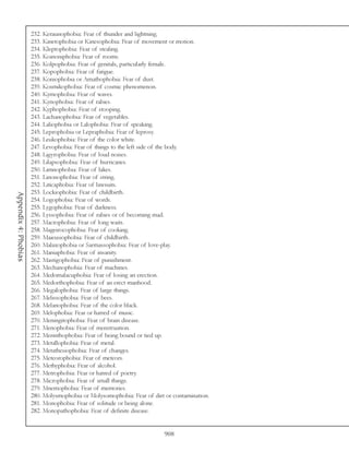 232. Keraunophobia: Fear of thunder and lightning.
                      233. Kinetophobia or Kinesophobia: Fear of movement or motion.
                      234. Kleptophobia: Fear of stealing.
                      235. Koinoniphobia: Fear of rooms.
                      236. Kolpophobia: Fear of genitals, particularly female.
                      237. Kopophobia: Fear of fatigue.
                      238. Koniophobia or Amathophobia: Fear of dust.
                      239. Kosmikophobia: Fear of cosmic phenomenon.
                      240. Kymophobia: Fear of waves.
                      241. Kynophobia: Fear of rabies.
                      242. Kyphophobia: Fear of stooping.
                      243. Lachanophobia: Fear of vegetables.
                      244. Laliophobia or Lalophobia: Fear of speaking.
                      245. Leprophobia or Lepraphobia: Fear of leprosy.
                      246. Leukophobia: Fear of the color white.
                      247. Levophobia: Fear of things to the left side of the body.
                      248. Ligyrophobia: Fear of loud noises.
                      249. Lilapsophobia: Fear of hurricanes.
                      250. Limnophobia: Fear of lakes.
                      251. Linonophobia: Fear of string.
                      252. Liticaphobia: Fear of lawsuits.
                      253. Lockiophobia: Fear of childbirth.
Appendix 4: Phobias




                      254. Logophobia: Fear of words.
                      255. Lygophobia: Fear of darkness.
                      256. Lyssophobia: Fear of rabies or of becoming mad.
                      257. Macrophobia: Fear of long waits.
                      258. Mageirocophobia: Fear of cooking.
                      259. Maieusiophobia: Fear of childbirth.
                      260. Malaxophobia or Sarmassophobia: Fear of love-play.
                      261. Maniaphobia: Fear of insanity.
                      262. Mastigophobia: Fear of punishment.
                      263. Mechanophobia: Fear of machines.
                      264. Medomalacuphobia: Fear of losing an erection.
                      265. Medorthophobia: Fear of an erect manhood.
                      266. Megalophobia: Fear of large things.
                      267. Melissophobia: Fear of bees.
                      268. Melanophobia: Fear of the color black.
                      269. Melophobia: Fear or hatred of music.
                      270. Meningitophobia: Fear of brain disease.
                      271. Menophobia: Fear of menstruation.
                      272. Merinthophobia: Fear of being bound or tied up.
                      273. Metallophobia: Fear of metal.
                      274. Metathesiophobia: Fear of changes.
                      275. Meteorophobia: Fear of meteors.
                      276. Methyphobia: Fear of alcohol.
                      277. Metrophobia: Fear or hatred of poetry.
                      278. Microphobia: Fear of small things.
                      279. Mnemophobia: Fear of memories.
                      280. Molysmophobia or Molysomophobia: Fear of dirt or contamination.
                      281. Monophobia: Fear of solitude or being alone.
                      282. Monopathophobia: Fear of definite disease.


                                                                        908
 