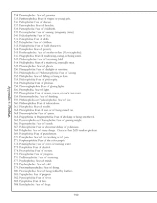 334. Parasitophobia: Fear of parasites.
                      335. Parthenophobia: Fear of virgins or young girls.
                      336. Pathophobia: Fear of disease.
                      337. Patroiophobia: Fear of heredity.
                      338. Parturiphobia: Fear of childbirth.
                      339. Peccatophobia: Fear of sinning. (imaginary crime)
                      340. Pediculophobia: Fear of lice.
                      341. Pediophobia: Fear of dolls.
                      342. Pedophobia: Fear of children.
                      343. Peladophobia: Fear of bald characters.
                      344. Peniaphobia: Fear of poverty.
                      345. Pentheraphobia: Fear of mother-in-law. (Novercaphobia)
                      346. Phagophobia: Fear of swallowing, eating, or being eaten.
                      347. Phalacrophobia: Fear of becoming bald.
                      348. Phallophobia: Fear of a manhood, especially erect.
                      349. Phasmophobia: Fear of ghosts.
                      350. Phengophobia: Fear of daylight or sunshine.
                      351. Philemaphobia or Philematophobia: Fear of kissing.
                      352. Philophobia: Fear of falling or being in love.
                      353. Philosophobia: Fear of philosophy.
                      354. Phobophobia: Fear of phobias.
                      355. Photoaugliaphobia: Fear of glaring lights.
Appendix 4: Phobias




                      356. Photophobia: Fear of light.
                      357. Phonophobia: Fear of noises, voices, or one’s own voice.
                      358. Phronemophobia: Fear of thinking.
                      359. Phthiriophobia or Pediculophobia: Fear of lice.
                      360. Phthisiophobia: Fear of tuberculosis.
                      361. Plutophobia: Fear of wealth.
                      362. Pluviophobia: Fear of rain or of being rained on.
                      363. Pneumatiphobia: Fear of spirits.
                      364. Pnigophobia or Pnigerophobia: Fear of choking or being smothered.
                      365. Pocrescophobia or Obesophobia: Fear of gaining weight.
                      366. Pogonophobia: Fear of beards.
                      367. Politicophobia: Fear or abnormal dislike of politicians.
                      368. Polyphobia: Fear of many things. Character has 2d20 random phobias.
                      369. Poinephobia: Fear of punishment.
                      370. Ponophobia: Fear of overworking or of pain.
                      371. Porphyrophobia: Fear of the color purple.
                      372. Potamophobia: Fear of rivers or running water.
                      373. Potophobia: Fear of alcohol.
                      374. Proctophobia: Fear of rectum.
                      375. Prosophobia: Fear of progress.
                      376. Psellismophobia: Fear of stuttering.
                      377. Psychophobia: Fear of minds.
                      378. Psychrophobia: Fear of cold.
                      379. Pteromerhanophobia: Fear of flying.
                      380. Pteronophobia: Fear of being tickled by feathers.
                      381. Pupaphobia: fear of puppets
                      382. Pyrexiophobia: Fear of fever.
                      383. Pyrophobia: Fear of fire.
                      384. Ranidaphobia: Fear of frogs.


                                                                         910
 