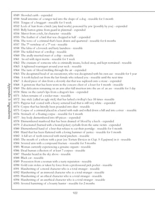 0349   Shoveled earth - expended
                          0350   Small intestine of a ranger tied into the shape of a dog - reusable for 1 month
                          0351   Tongue of a braggart - reusable for 1 week
                          0352   Lock of hair from a bitch (any kind works) poisoned by yew (possibly by you) - expended
                          0353   Belly button grime from guard in platemail - expended
                          0354   Mirror from a rich, fat character - reusable
                          0355   The feather of a bird that was chopped in half - expended
                          0356   The torso of a criminal that’s been drawn and quartered - reusable for 6 months
                          0357   The 7th vertebrae of a 7th son - reusable
                          0358   The labia of a lovesick and lusty laundress - reusable
                          0359   The tickled twat of a trollop - reusable
                          0360   The anally-inserted mast of a ship - reusable
                          0361   An eel with rigor mortis - reusable for 1 week
                          0362   The cranium of someone who is criminally insane, locked away, and kept restrained - reusable
                          0363   A tightened tourniquet around your neck - reusable
                          0364   The taste of blood trickling through the air - expended
                          0365   The decapitated head of an executioner, who was decapitated with his own axe - reusable for 1 year
                          0366   A tooth kicked out from the last female who refused you - reusable until the next time
                          0367   A sliced piece of skin from a slovenly slut that was suplexed onto a stone - expended
Appendix 5: Ingredients




                          0368   A gemstone that has been worn in the concave chest of a loser for 1 month - reusable
                          0369   The defecation remaining on an arm after full insertion into the ass of an ass - reusable for 1 day
                          0370   Slime on the caster’s lips from a dragon’s kiss - expended
                          0371   Ashen remains of a wicker man - reusable
                          0372   Any stick (called an ugly stick) that has lashed a trollop’s face 10 times -reusable
                          0373   Papyrus leaf coated with a heavy semenal load that is still very white - expended
                          0374   Corpse that has literally been pounded into dust - reusable
                          0375   Corpse of a criminal placed in a barrel with nails and rolled down a hill and into a river - reusable
                          0376   Stomach of a floating corpse - reusable for 1 month
                          0377   Any body dismembered into 69 pieces - expended
                          0378   Dismembered manhood that has been drained of blood by a leech - expended
                          0379   2 abacinated (burned with a heated poker) eyeballs from the same victim - expended
                          0380   Dismembered hand of a brat that refuses to eat their porridge - reusable for 1 month
                          0381   Hand that has been flattened with a loving hammer of justice - reusable for 1 month
                          0382   A full set of teeth removed with metal pinchers - reusable
                          0383   The mouth of a whore with a pear (see Torture Devices in Chap. 9: Equipment) in it - reusable
                          0384   Severed arm with a compound fracture - reusable for 3 months
                          0385   Woman currently experiencing a genuine orgasm - reusable
                          0386   Dead human collection of at least 7 corpses - reusable
                          0387   Thunder heard in the sky above - reusable
                          0388   Black cat - reusable
                          0389   Possession from a woman with a nasty reputation - reusable
                          0390   Gold coin stolen or taken by force from a professional pick pocket - reusable
                          0391   Handwriting of a moral character who is a total stranger - reusable
                          0392   Handwriting of an immoral character who is a total stranger - reusable
                          0393   Handwriting of an ethical character who is a total stranger - reusable
                          0394   Handwriting of an unethical character who is a total stranger - reusable
                          0395   Severed hamstring of a bounty hunter - reusable for 2 months


                                                                              922
 