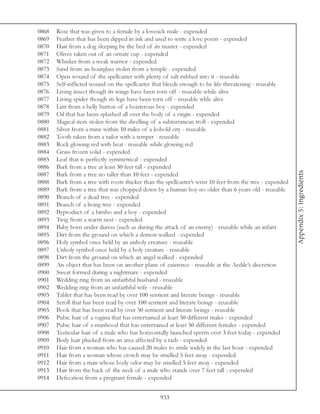 0868   Rose that was given to a female by a lovesick male - expended
0869   Feather that has been dipped in ink and used to write a love poem - expended
0870   Hair from a dog sleeping by the bed of its master - expended
0871   Olives taken out of an ornate cup - expended
0872   Whisker from a weak warrior - expended
0873   Sand from an hourglass stolen from a temple - expended
0874   Open wound of the spellcaster with plenty of salt rubbed into it - reusable
0875   Self-inflicted wound on the spellcaster that bleeds enough to be life-threatening - reusable
0876   Living insect though its wings have been torn off - reusable while alive
0877   Living spider though its legs have been torn off - reusable whle alive
0878   Lint from a belly button of a boisterous boy - expended
0879   Oil that has been splashed all over the body of a virgin - expended
0880   Magical item stolen from the dwelling of a subterranean troll - expended
0881   Silver from a mine within 10 miles of a kobold city - reusable
0882   Tooth taken from a tailor with a temper - reusable
0883   Rock glowing red with heat - reusable while glowing red
0884   Grass frozen solid - expended
0885   Leaf that is perfectly symmetrical - expended
0886   Bark from a tree at least 30 feet tall - expended




                                                                                                           Appendix 5: Ingredients
0887   Bark from a tree no taller than 10 feet - expended
0888   Bark from a tree with roots thicker than the spellcaster’s wrist 10 feet from the tree - expended
0889   Bark from a tree that was chopped down by a human boy no older than 6 years old - reusable
0890   Branch of a dead tree - expended
0891   Branch of a living tree - expended
0892   Byproduct of a bimbo and a boy - expended
0893   Twig from a warm nest - expended
0894   Baby born under duress (such as during the attack of an enemy) - reusable while an infant
0895   Dirt from the ground on which a demon walked - expended
0896   Holy symbol once held by an unholy creature - reusable
0897   Unholy symbol once held by a holy creature - reusable
0898   Dirt from the ground on which an angel walked - expended
0899   An object that has been on another plane of existence - reusable at the Aedile’s discretion
0900   Sweat formed during a nightmare - expended
0901   Wedding ring from an unfaithful husband - reusable
0902   Wedding ring from an unfaithful wife - reusable
0903   Tablet that has been read by over 100 sentient and literate beings - reusable
0904   Scroll that has been read by over 100 sentient and literate beings - reusable
0905   Book that has been read by over 50 sentient and literate beings - reusable
0906   Pubic hair of a vagina that has entertained at least 50 different males - expended
0907   Pubic hair of a manhood that has entertained at least 50 different females - expended
0908   Testicular hair of a male who has horizontally launched sperm over 3 feet today - expended
0909   Body hair plucked from an area affected by a rash - expended
0910   Hair from a woman who has caused 20 males to smile widely in the last hour - expended
0911   Hair from a woman whose crotch may be smelled 5 feet away - expended
0912   Hair from a man whose body odor may be smelled 5 feet away - expended
0913   Hair from the back of the neck of a male who stands over 7 feet tall - expended
0914   Defecation from a pregnant female - expended


                                                  933
 