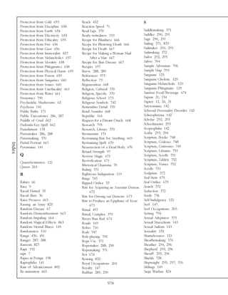 Protection from Cold 653            Reach 452                               S
        Protection from Discipline 654      Reaction Speed 71
        Protection from Earth 654           Read Lips 370                           Saddlemaking 371
        Protection from Electricity 655     Ready-wittedness 119                    Saddler 290, 291
        Protection from Ethicality 655      Recipe for Blindness 666                Sage 290, 291
        Protection from Fire 656            Recipe for Blistering Death 666         Sailing 371, 833
        Protection from Gaze 656            Recipe for Death 667                    Sailmaker 291, 293
        Protection from Immorality 657      Recipe for Making a Woman Mad           Sailmaking 372
        Protection from Melancholics 657          After a Man 667                   Sailor 292, 293
        Protection from Morality 658        Recipe for Skin Disease 667             Salves 704
        Protection from Phlegmatics 658     Recipes 197                             Sample Adventure 796
        Protection from Physical Harm 659   Reeve 288, 289                          Sample Map 793
        Protection from Poison 659          References 973                          Sanguine 125
        Protection from Sanguines 660       Reflection 73                           Sanguine-Choleric 129
        Protection from Sonics 660          Regeneration 668                        Sanguine-Melancholic 129
        Protection from Unethicality 661    Religion, Cultural 370                  Sanguine-Phlegmatic 129
        Protection from Water 661           Religion, Specific 370                  Sanitize Food/Beverage 674
        Proxemics 790                       Religious School 173                    Sapian 21, 154
        Psychedelic Mushrooms 62            Religious Symbols 742                   Sapien 12, 26, 31
        Psychosis 141                       Remember Detail 370                     Satyromania 142
        Public Baths 171                    Rend Asunder 668                        Schizoid Personality Disorder 142
        Public Executioner 286, 287         Republic 164                            Schizophrenia 142
        Puddle of Crud 662                  Request for a Dream Oracle 668          Scholar 292, 293
        Pudenda Key Spell 662               Research 795                            Schoolmaster 293
        Punishment 178                      Research, Library 370                   Scoptophilia 142
        Pursemaker 286, 288                 Restaurants 171                         Scribe 293, 294
        Pursemaking 370                     Restraining Rite for Anything 669       Scripture, Books 748
        Putrid Portrait 663                 Restraining Spell 670                   Scripture, Codexes 748
Index




        Pyromania 141                       Resurrection of a Dead Body 670         Scripture, Grimoires 749
                                            Retard Strength 97                      Scripture, Librams 751
        Q                                   Reverse Magic 671                       Scripture, Scrolls 751
                                            Revivification 671                      Scripture, Tablets 752
        Quarrelsomeness 121                                                         Scripture, Tomes 752
        Queen 265                           Rhetorical Charisma 70
                                            Riding 371                              Scrolls 751
        R                                   Righteous Indignation 119               Sculpture 372
                                            Rings 743                               Seal Item 675
        Rabies 66                           Ripped Orifice 53                       Seal Orifice 675
        Race 9                              Rite for Acquiring an Assistant Demon   Search 372
        Racial Hatred 35                          672                               Seduction 372
        Racial Slurs 36                     Rite for Driving out Demons 673         Seeds 736
        Raise Prowess 663                   Rite to Produce an Epiphany of Kore     Self-Indulgence 121
        Raising an Army 825                       673                               Serf 147
        Random Disease 67                   Ritual 497                              Serf Occupations 203
        Random Dismemberment 663            Ritual, Complex 371                     Setting 794
        Random Impaling 664                 Rivers Run Red 674                      Sexual Adeptness 373
        Random Magical Effects 863          Roads 169                               Sexual Masochism 143
        Random Mental Illness 145           Robes 710                               Sexual Sadism 143
        Randomness 110                      Rods 747                                Sexuality 155
        Range 430, 451                      Role-playing 795                        Shamelessness 121
        Ranger 287, 288                     Rope Use 371                            Sheathemaking 376
        Ransom 827                          Ropemaker 288, 290                      Sheather 294, 296
        Rape 192                            Ropemaking 371                          Shepherd 295, 296
        rape 7                              Rot 674                                 Sheriff 295, 296
        Rapes in Potage 198                 Rowing 832                              Shields 728
        Raptophilia 141                     Royal Occupations 204                   Shipwright 295, 297, 376
        Rate of Advancement 802             Royalty 147                             Siblings 149
        Re-animation 665                    Ruffian 289, 290                        Siege Warfare 824


                                                            970
 