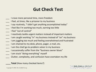 Gut   Check   Test ___  I crave more personal time, more freedom ___  I feel, at times, like a prisoner to my business ___  I say routinely, “I didn’t get anything accomplished today” ___  I feel like I’m working too much, earning too little ___  I feel “out of control” ___  I reactively tackle urgent matters instead of important matters ___  I am caught working “in” my business instead of “on” my business ___  I am juggling too much and feeling overwhelmed and frustrated ___  I am chained to my desk, phone, pager, e-mail, etc. ___  I am the chief go-to problem solver in my business ___  I occasionally suffer from the “business owner blues” ___  I am stuck “doing everything” myself ___  Clutter, complexity, and confusion have overtaken my life ____ Total  (How many checked items?) 