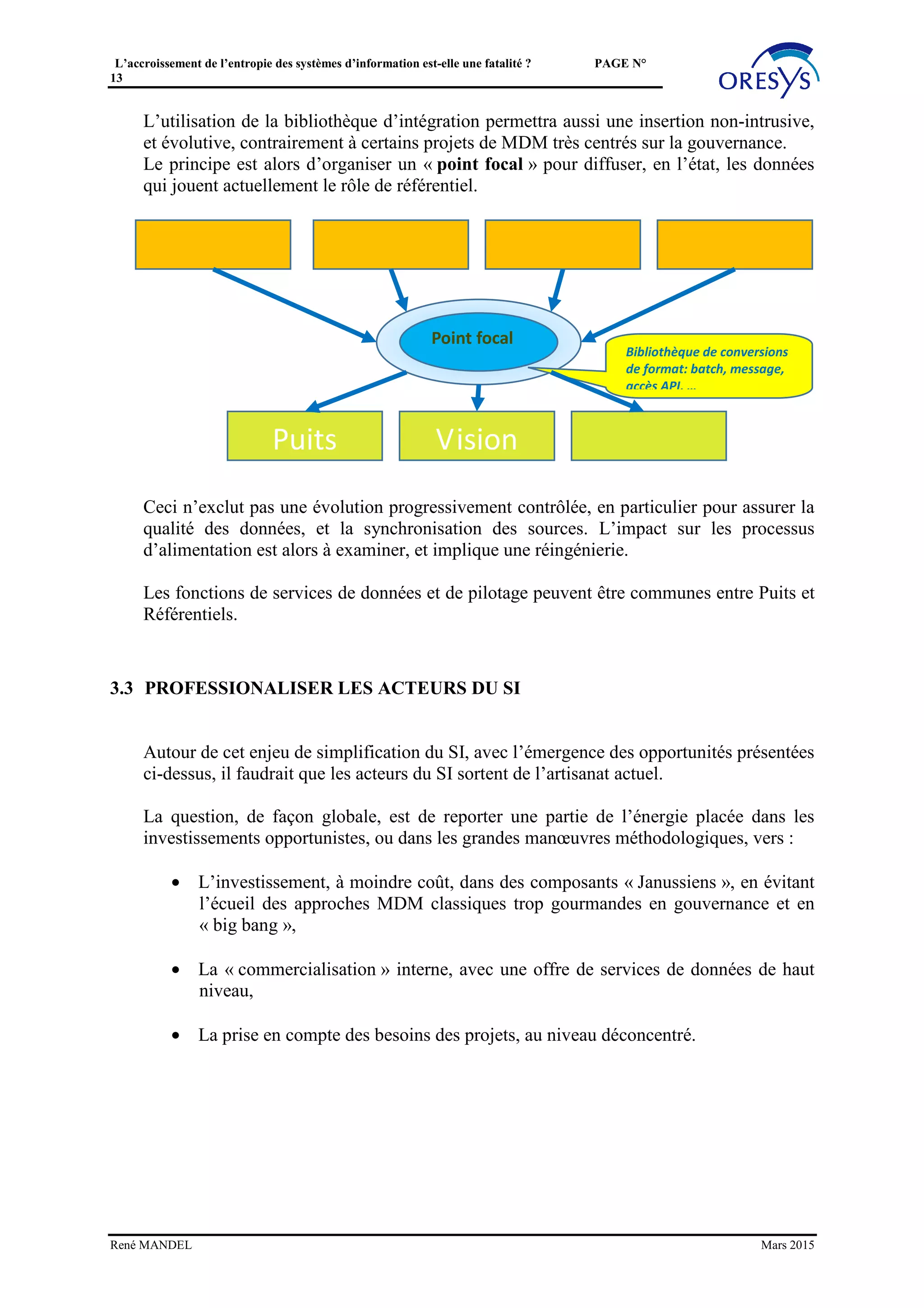L’accroissement de l’entropie des systèmes d’information est-elle une fatalité ? PAGE N°
13
3.2.2 Modélisation générique des « puits de données »
Les puits ont d’abord pour vocation des substituer à N + P interactions aux N X P
interactions qui se créent naturellement, selon le schéma suivant :
Devient :
René MANDEL Mars 2015
N X P fluxN X P conversions de format
Référentie
l
Source
GRC
Source
Infinite
Source
externe
Vision 360 Décisionnel Erp
PuitsPuits Conversions
de format
 