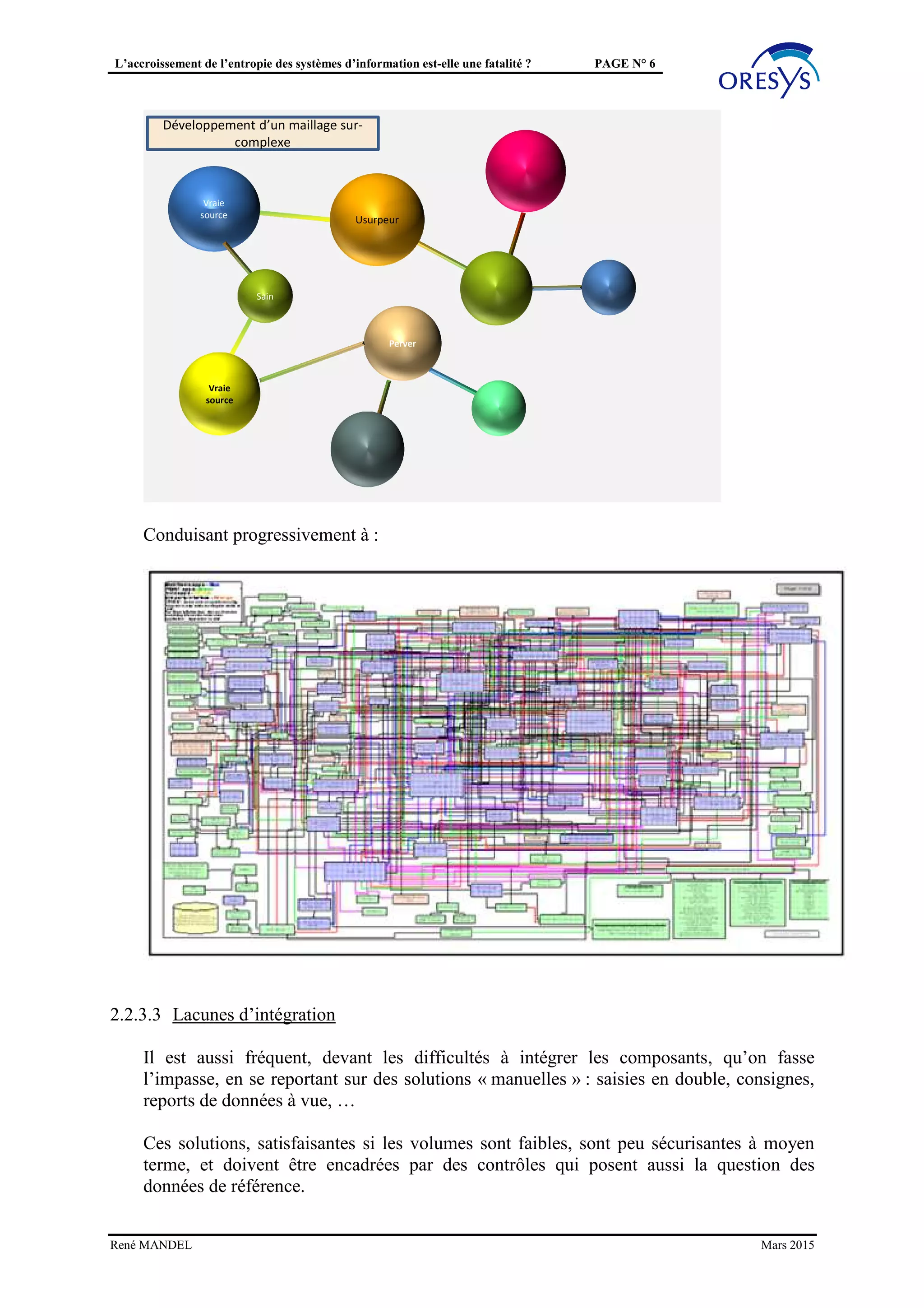 L’accroissement de l’entropie des systèmes d’information est-elle une fatalité ? PAGE N° 6
Par exemple, si un composant de référence n’offre pas le mode d’échange attendu, la
temporalité requise, … un composant usurpateur pourra paraître illusoirement légitime, et
prendre une position durable, même si la lacune la justifiant disparait.
Ainsi un maillage aléatoire des composants se crée, et rend le système de plus en plus
complexe.
Perver
Vraie
source
Usurpeur
Sain
Vraie
source
Développement d’un maillage sur-
complexe
Conduisant progressivement à :
2.2.3.3 Lacunes d’intégration
René MANDEL Mars 2015
 