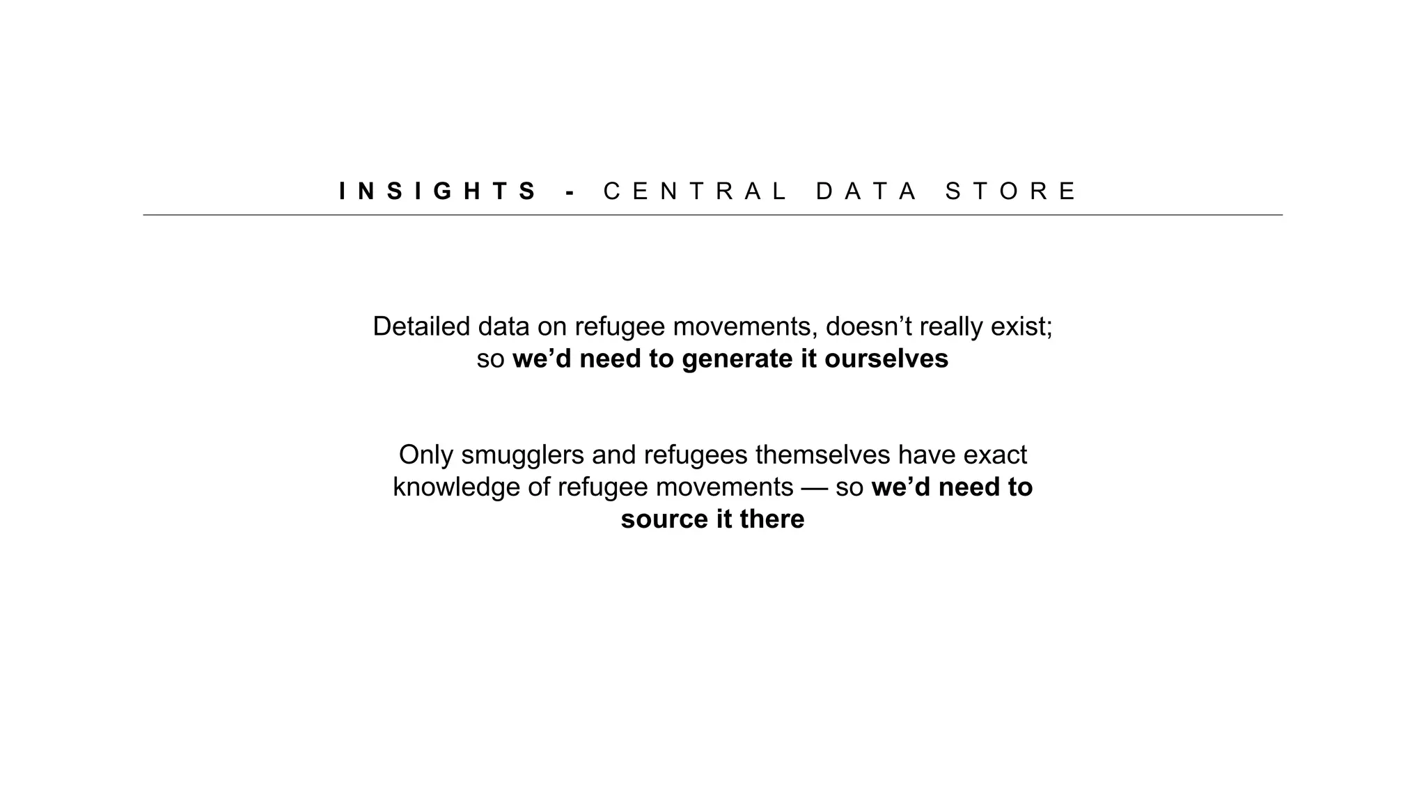 I N S I G H T S - C E N T R A L D A T A S T O R E
Detailed data on refugee movements, doesn’t really exist;
so we’d need to generate it ourselves
Only smugglers and refugees themselves have exact
knowledge of refugee movements — so we’d need to
source it there
 