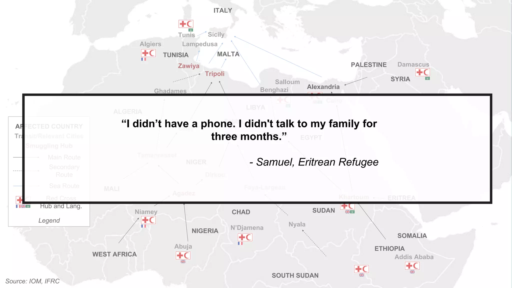 Khartoum
Sebha
Agadez
Tamanrasset
Ghat
Gatroun
Faya-Largeau
Nyala
Cairo
AlexandriaBenghazi
Salloum
Tripoli
Ghadames
Niamey
Tazerbo
Dirkou
NIGERIA
MALI
WEST AFRICA
ERITREA
SOMALIA
SOUTH SUDAN
SUDANCHAD
EGYPT
LIBYA
ALGERIA
TUNISIA
NIGER
ETHIOPIA
SYRIA
PALESTINEZawiya
Lampedusa
MALTA
Sicily
ITALY
Source: IOM, IFRC
Addis Ababa
N’Djamena
Tunis
Algiers
Damascus
Abuja
Legend
AFFECTED COUNTRY
Transit/Relevant Cities
Smuggling Hub
Main Route
Secondary
Route
Red Cross
Hub and Lang.
Sea Route
“I didn’t have a phone. I didn't talk to my family for
three months.”
- Samuel, Eritrean Refugee
 