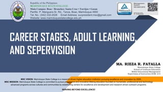 CAREER STAGES, ADULT LEARNING,
AND SEPERVISION
MA. RIEZA R. FATALLA
Marinduque State College
School of Graduate Education
MAEd-Educational Management
Supervision of Instruction-EDM 215
Republic of the Philippines
MARINDUQUE STATE COLLEGE
Main Campus: Boac / Branches: Santa Cruz • Torrijos • Gasan
Panfilo P. Manguera Sr. Rd., Tanza, Boac, Marinduque 4900
Tel. No.: (042) 332-2028 Email Address: sucpresident.msc@gmail.com
Website: www.marinduquestatecollege.edu.ph
MSC VISION: Marinduque State College is a research-driven higher education institution pursuing excellence and innovation by 2025.
MSC MISSION: Marinduque State College is committed to pursue progressive and innovative lifelong education founded on humanistic, professional and technology
advanced programs across cultures and communities by establishing centers for excellence and development and research-driven outreach programs.
SERVING BEYOND EXCELLENCE!
 