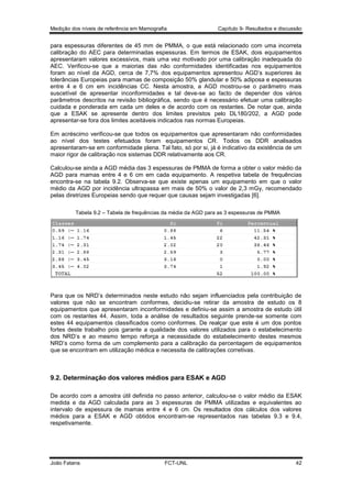 Medição dos níveis de referência em Mamografia

Capítulo 9- Resultados e discussão

para espessuras diferentes de 45 mm de PMMA, o que está relacionado com uma incorreta
calibração do AEC para determinadas espessuras. Em termos de ESAK, dois equipamentos
apresentaram valores excessivos, mais uma vez motivado por uma calibração inadequada do
AEC. Verificou-se que a maiorias das não conformidades identificadas nos equipamentos
foram ao nível da AGD, cerca de 7,7% dos equipamentos apresentou AGD’s superiores às
tolerâncias Europeias para mamas de composição 50% glandular e 50% adiposa e espessuras
entre 4 e 6 cm em incidências CC. Nesta amostra, a AGD mostrou-se o parâmetro mais
suscetível de apresentar inconformidades e tal deve-se ao facto de depender dos vários
parâmetros descritos na revisão bibliográfica, sendo que é necessário efetuar uma calibração
cuidada e ponderada em cada um deles e de acordo com os restantes. De notar que, ainda
que a ESAK se apresente dentro dos limites previstos pelo DL180/202, a AGD pode
apresentar-se fora dos limites aceitáveis indicados nas normas Europeias.
Em acréscimo verificou-se que todos os equipamentos que apresentaram não conformidades
ao nível dos testes efetuados foram equipamentos CR. Todos os DDR analisados
apresentaram-se em conformidade plena. Tal fato, só por si, já é indicativo da existência de um
maior rigor de calibração nos sistemas DDR relativamente aos CR.
Calculou-se ainda a AGD média das 3 espessuras de PMMA de forma a obter o valor médio da
AGD para mamas entre 4 e 6 cm em cada equipamento. A respetiva tabela de frequências
encontra-se na tabela 9.2. Observa-se que existe apenas um equipamento em que o valor
médio da AGD por incidência ultrapassa em mais de 50% o valor de 2,3 mGy, recomendado
pelas diretrizes Europeias sendo que requer que causas sejam investigadas [6].
Tabela 9.2 – Tabela de frequências da média da AGD para as 3 espessuras de PMMA

Para que os NRD’s determinados neste estudo não sejam influenciados pela contribuição de
valores que não se encontram conformes, decidiu-se retirar da amostra de estudo os 8
equipamentos que apresentaram inconformidades e definiu-se assim a amostra de estudo útil
com os restantes 44. Assim, toda a análise de resultados seguinte prende-se somente com
estes 44 equipamentos classificados como conformes. De realçar que este é um dos pontos
fortes deste trabalho pois garante a qualidade dos valores utilizados para o estabelecimento
dos NRD’s e ao mesmo tempo reforça a necessidade do estabelecimento destes mesmos
NRD’s como forma de um complemento para a calibração da percentagem de equipamentos
que se encontram em utilização médica e necessita de calibrações corretivas.

9.2. Determinação dos valores médios para ESAK e AGD
De acordo com a amostra útil definida no passo anterior, calculou-se o valor médio da ESAK
medida e da AGD calculada para as 3 espessuras de PMMA utilizadas e equivalentes ao
intervalo de espessura de mamas entre 4 e 6 cm. Os resultados dos cálculos dos valores
médios para a ESAK e AGD obtidos encontram-se representados nas tabelas 9.3 e 9.4,
respetivamente.

João Fatana

FCT-UNL

42

 