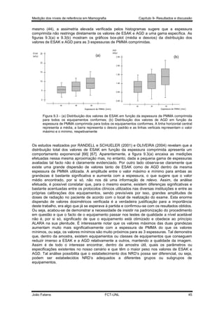 Medição dos níveis de referência em Mamografia

Capítulo 9- Resultados e discussão

mesmo (44), a assimetria elevada verificada pelos histogramas sugere que a espessura
comprimida não restringe diretamente os valores de ESAK e AGD a uma gama específica. As
figuras 9.3(a) e 9.3(b) mostram os gráficos box-plot (média e desvios) da distribuição dos
valores de ESAK e AGD para as 3 espessuras de PMMA comprimidas.

(a)

(b)

Figura 9.3 - (a) Distribuição dos valores de ESAK em função da espessura de PMMA comprimida
para todos os equipamentos conformes; (b) Distribuição dos valores de AGD em função da
espessura de PMMA comprimida para todos os equipamentos conformes. A linha horizontal central
representa a média, a barra representa o desvio padrão e as linhas verticais representam o valor
máximo e o mínimo, respetivamente

Os estudos realizados por RANDELL e SCHUELER (2001) e OLIVEIRA (2004) revelam que a
distribuição total dos valores de ESAK em função da espessura comprimida apresenta um
comportamento exponencial [66] [67]. Aparentemente, a figura 9.3(a) encaixa as medições
efetuadas nessa mesma aproximação mas, no entanto, dada a pequena gama de espessuras
avaliadas tal facto não é claramente evidenciado. Por outro lado observa-se claramente que
existe uma grande dispersão de valores tanto de ESAK como de AGD dentro da mesma
espessura de PMMA utilizada. A amplitude entre o valor máximo e mínimo para ambas as
grandezas é bastante significativa e aumenta com a espessura, o que sugere que o valor
médio encontrado, por si só, não nos dá uma informação de relevo. Assim, da análise
efetuada, é possível constatar que, para o mesmo exame, existem diferenças significativas e
bastante acentuadas entre os protocolos clínicos utilizados nas diversas instituições e entre as
próprias calibrações dos equipamentos, sendo previsíveis por isso, grandes amplitudes de
doses de radiação no paciente de acordo com o local de realização do exame. Esta enorme
dispersão de valores dosimétricos verificada é a verdadeira justificação para a importância
deste trabalho, era algo que já se esperava à partida e confirmou-se com os resultados obtidos.
Ou seja, acabou-se de demonstrar a necessidade de insistir na padronização do procedimento
em questão e que o facto de o equipamento passar nos testes de qualidade a nível aceitável
não é, por si só, significado de que o equipamento está otimizado e obedece ao princípio
ALARA na sua plenitude. É interessante notar que os valores máximos das duas grandezas
aumentam muito mais significativamente com a espessura de PMMA do que os valores
mínimos, ou seja, os valores mínimos são muito próximos para as 3 espessuras. Tal demonstra
que, dentro da amostra, existem equipamentos ou classes de equipamentos que conseguem
reduzir imenso a ESAK e a AGD relativamente a outros, mantendo a qualidade da imagem.
Assim é de todo o interesse encontrar, dentro da amostra útil, quais os parâmetros ou
especificações existentes no nosso cenário e que têm o maior peso nos valores de ESAK e
AGD. Tal análise possibilita que o estabelecimento dos NRD’s possa ser diferencial, ou seja,
podem ser estabelecidos NRD’s adequados a diferentes grupos ou subgrupos de
equipamentos.

João Fatana

FCT-UNL

45

 