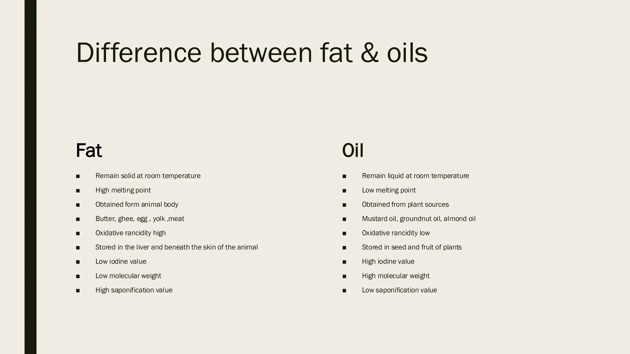Difference between fat & oils
Fat
■ Remain solid at room temperature
■ High melting point
■ Obtained form animal body
■ Butter, ghee, egg , yolk ,meat
■ Oxidative rancidity high
■ Stored in the liver and beneath the skin of the animal
■ Low iodine value
■ Low molecular weight
■ High saponification value
Oil
■ Remain liquid at room temperature
■ Low melting point
■ Obtained from plant sources
■ Mustard oil, groundnut oil, almond oil
■ Oxidative rancidity low
■ Stored in seed and fruit of plants
■ High iodine value
■ High molecular weight
■ Low saponification value
 