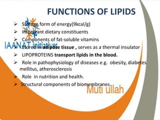 FUNCTIONS OF LIPIDS
Storage form of energy(9kcal/g)
Important dietary constituents
Components of fat-soluble vitamins
Stored in adipose tissue , serves as a thermal insulator
LIPOPROTEINS transport lipids in the blood.
Role in pathophysiology of diseases e.g. obesity, diabetes
mellitus, atherosclerosis
Role in nutrition and health.
Structural components of biomembranes.