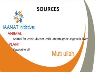 SOURCES
ANIMAL
Animal fat ,meat ,butter ,milk ,cream ,ghee ,egg yolk ,liver
PLANT
Vegetable oil