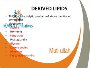 DERIVED LIPIDS
• THESE are hydrolytic products of above mentioned
compounds
• Lipoprotein
• Steroid
• Hormone
• Fatty acids
• Prostaglandin
• Glycerol
• Ketone bodies
• Aldehyde
• Fat soluble vitamins