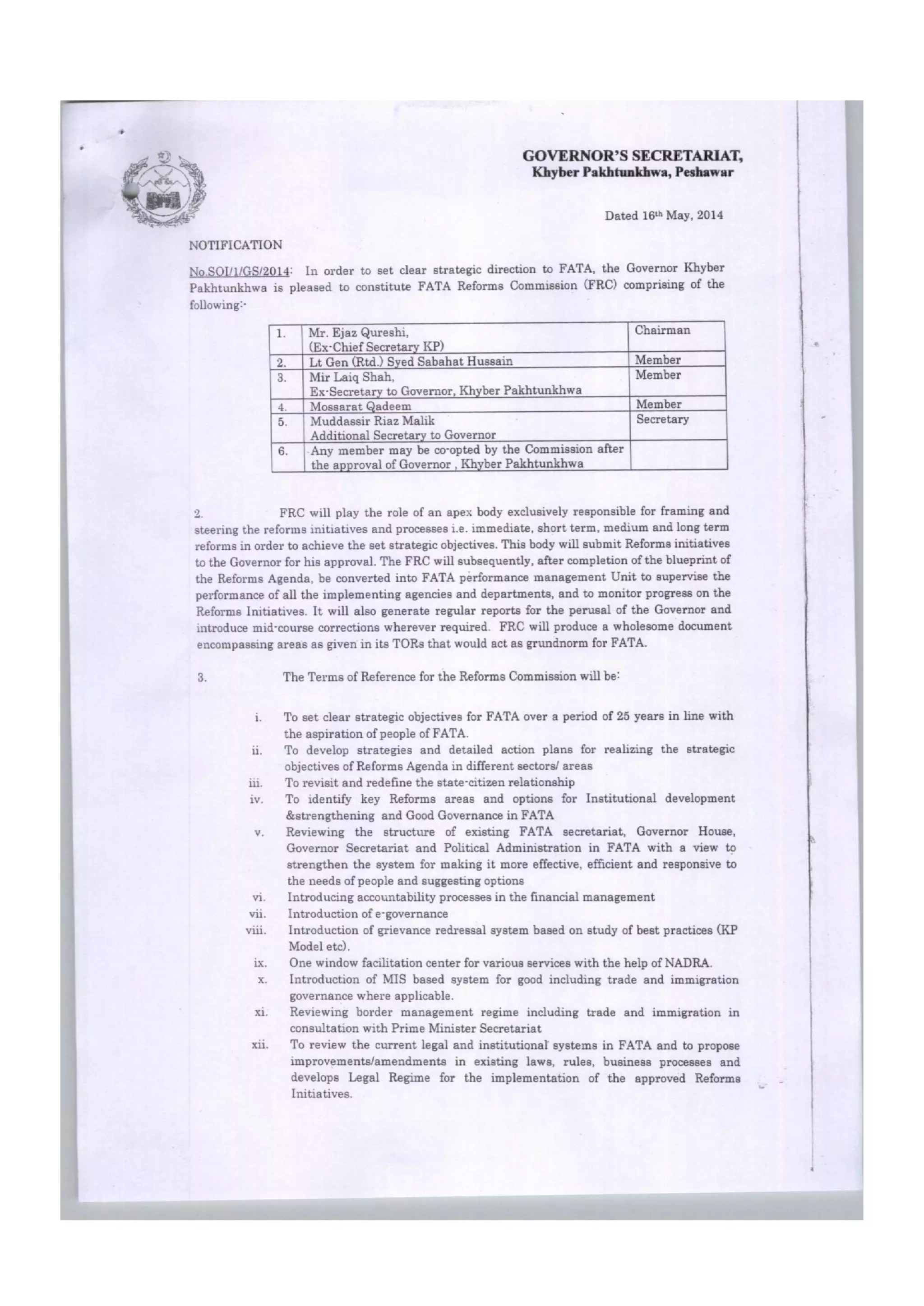 FATA Reforms Commission Notification (May 2014)