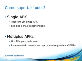 Múltiplos APKs no Google Play
• Modo Advanced do
Console do
Desenvolvedor
• Interface similar
• Não sobrescreve o
APK anterior
12
 
