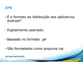 O que é um APK?
• Formato de distibuição
dos aplicativos Android*
• Digitalmente assinado.
• Baseado no formato
.jarcomo arquivos zip
• Contém as classes
compiladas(.dex),
bibliotecas nativas,
resources e o manifesto
2
 